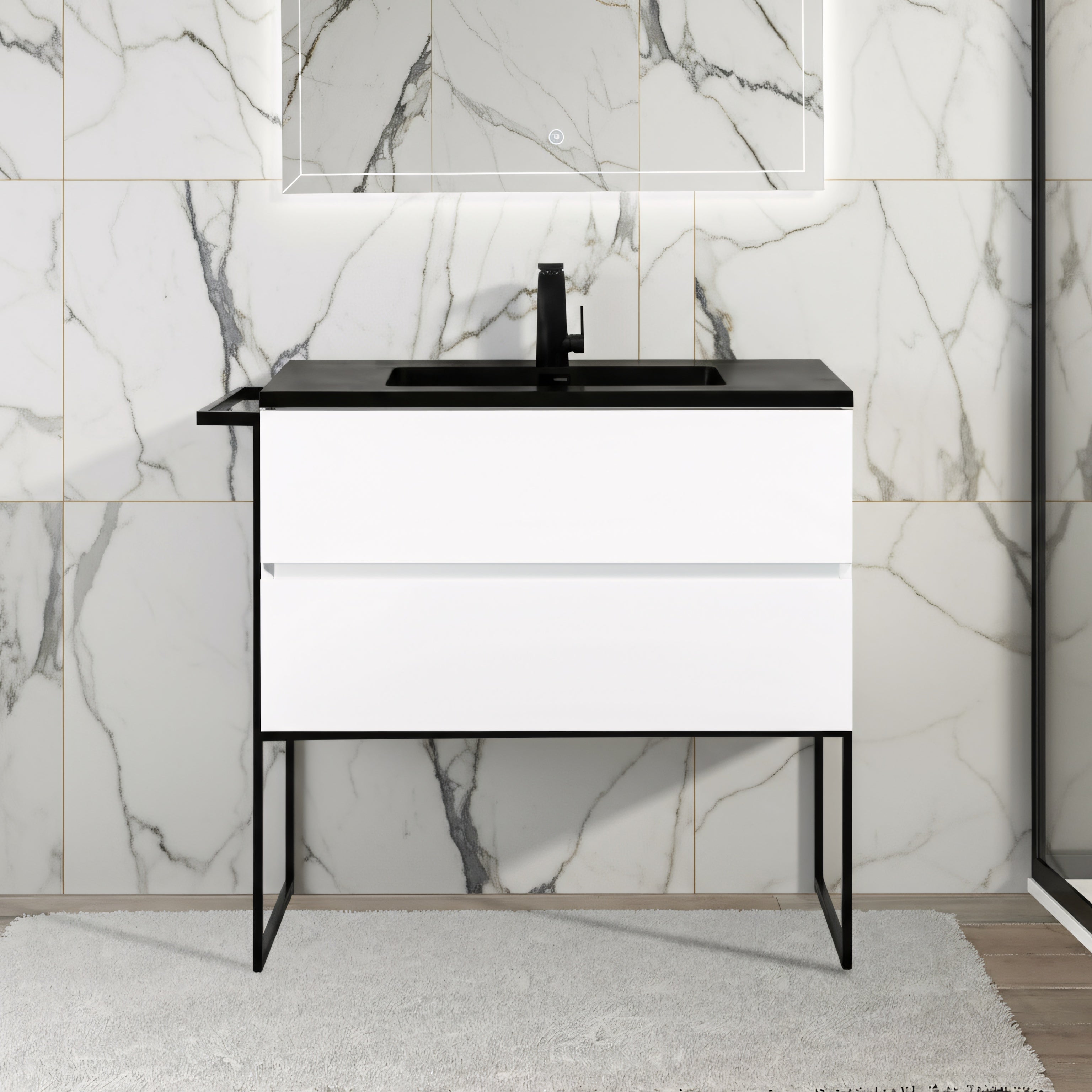 36" White Wall Mount Bathroom Vanity with Black Engineered Quartz Countertop-Migration_Bathroom Vanities-DECOROLALA