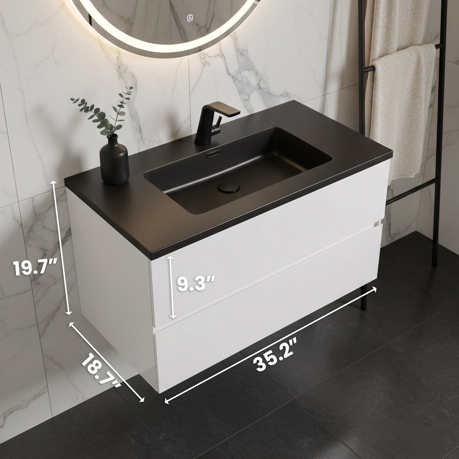 36" White Wall Mount Bathroom Vanity with Black Engineered Quartz Countertop-Migration_Bathroom Vanities-DECOROLALA