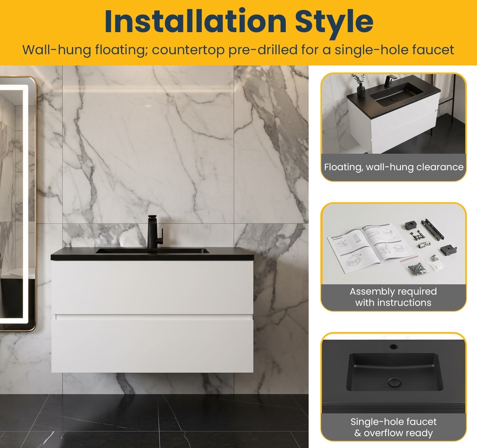 36" White Wall Mount Bathroom Vanity with Black Engineered Quartz Countertop-Migration_Bathroom Vanities-DECOROLALA