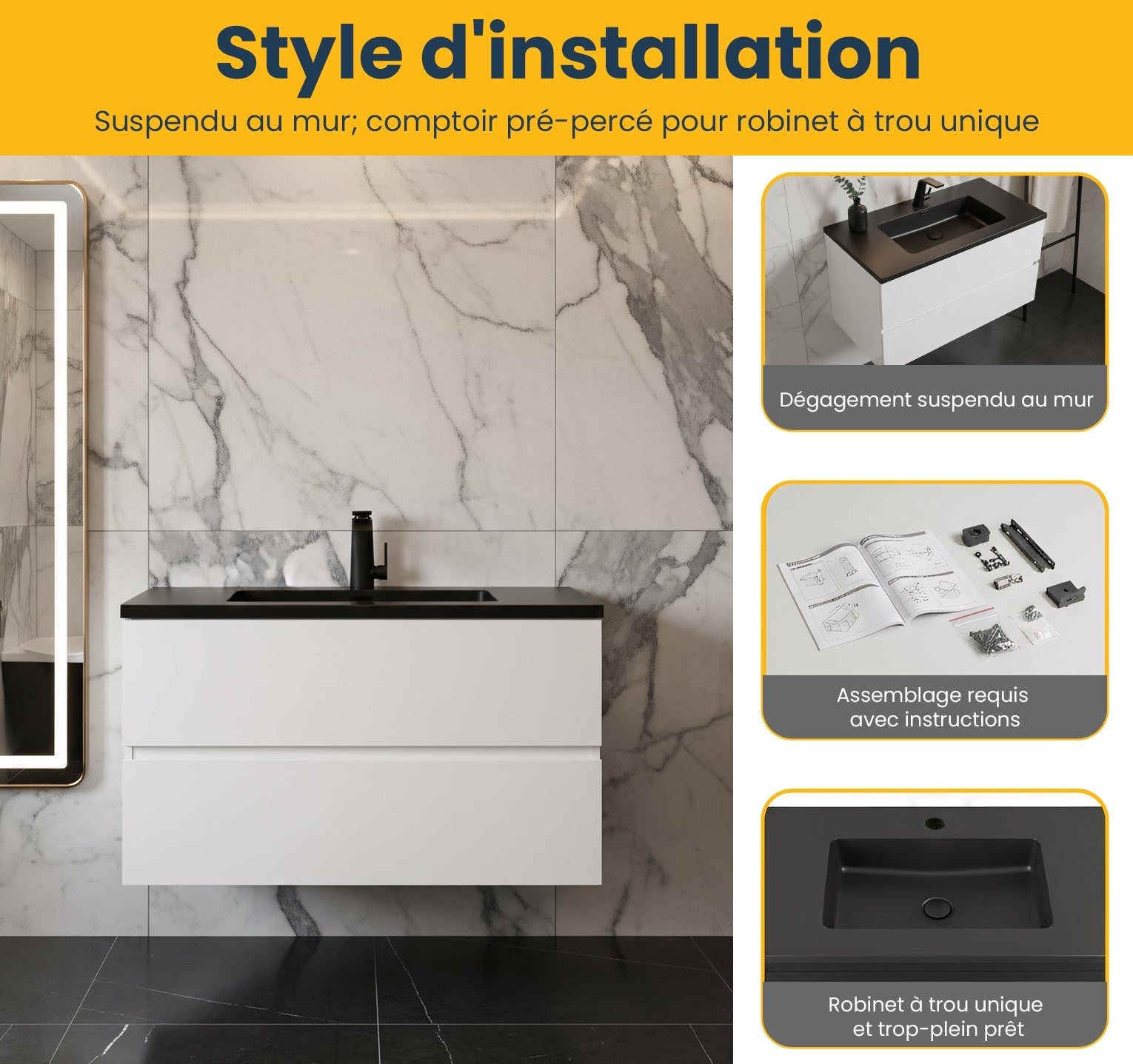 36" White Wall Mount Bathroom Vanity with Black Engineered Quartz Countertop-Migration_Bathroom Vanities-DECOROLALA