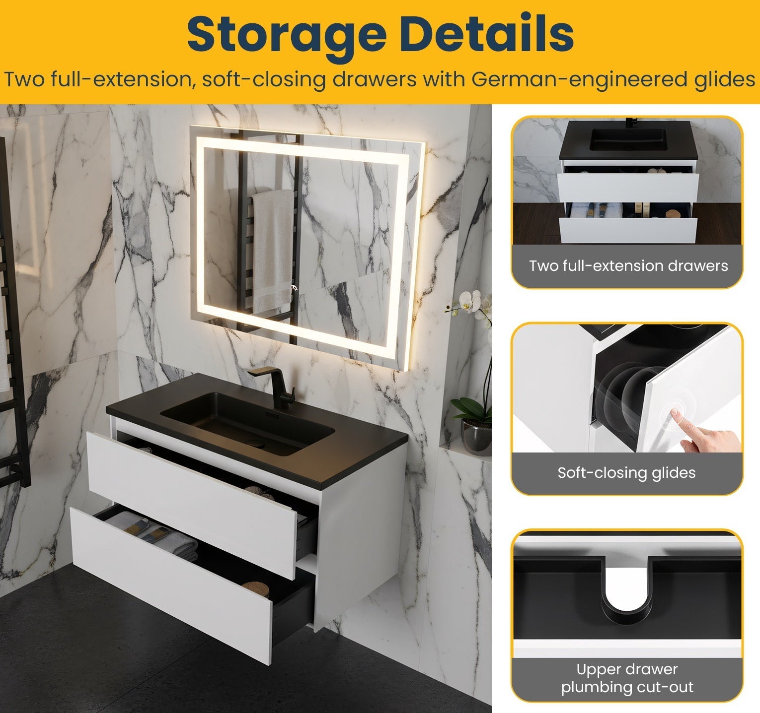 36" White Wall Mount Bathroom Vanity with Black Engineered Quartz Countertop-Migration_Bathroom Vanities-DECOROLALA