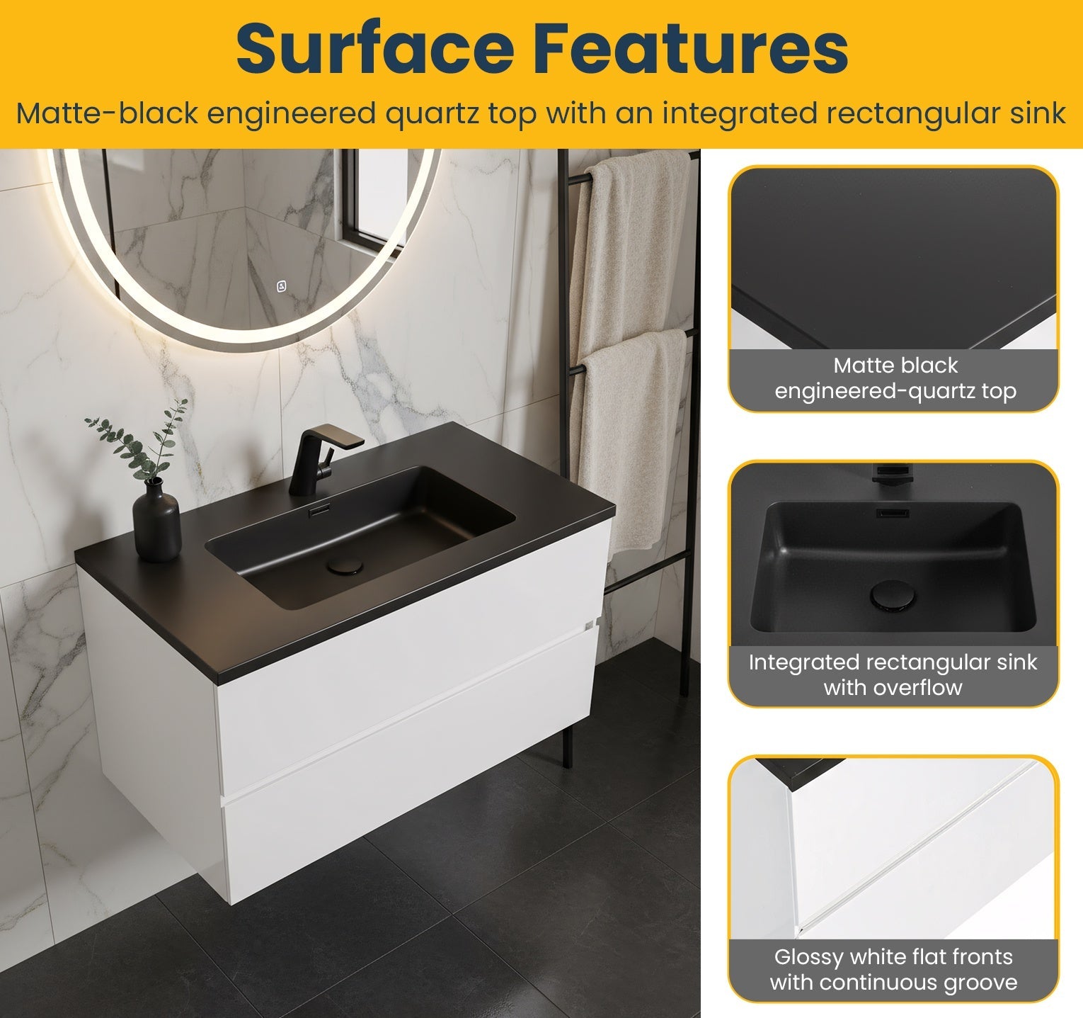 36" White Wall Mount Bathroom Vanity with Black Engineered Quartz Countertop-Migration_Bathroom Vanities-DECOROLALA