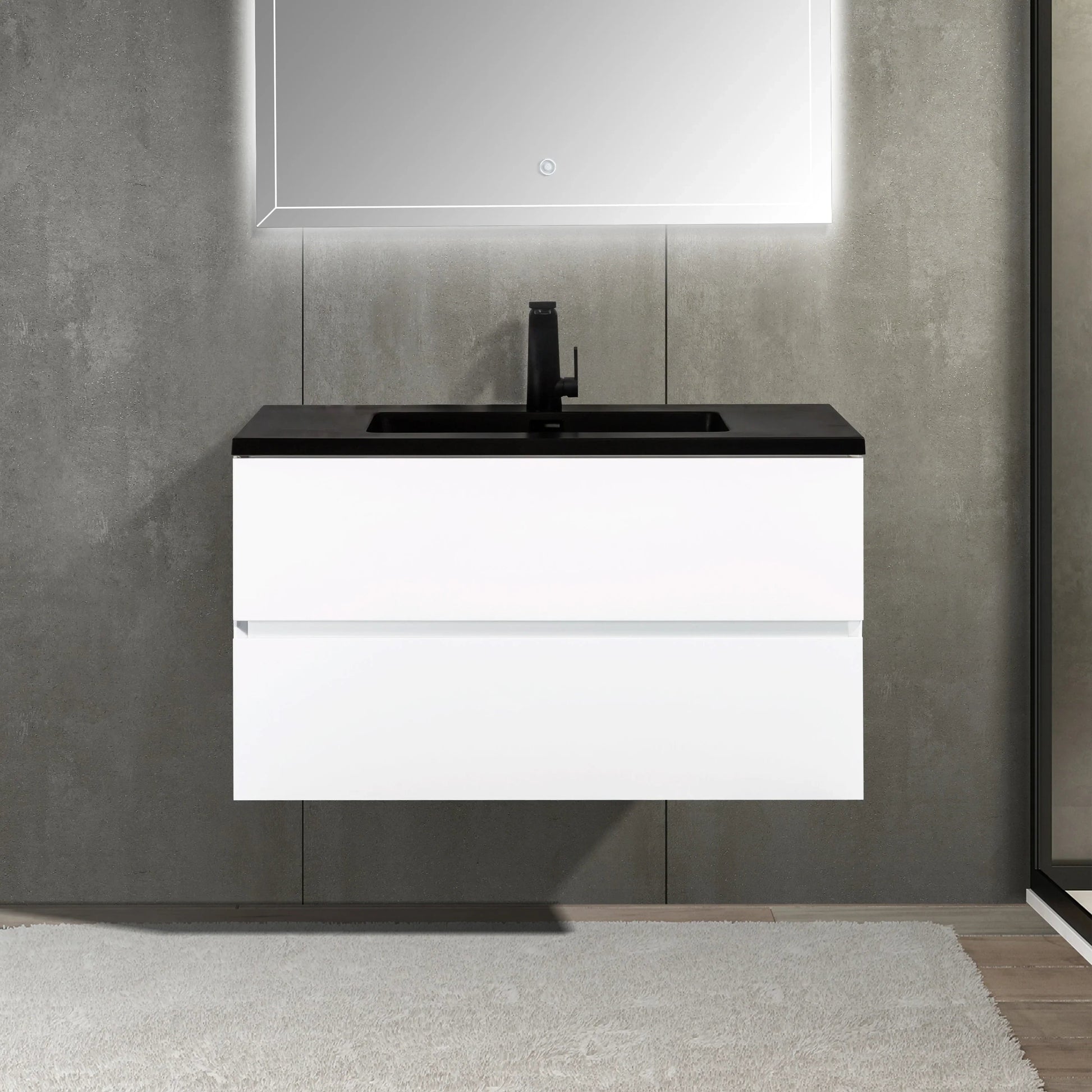 36" White Wall Mount Bathroom Vanity with Black Engineered Quartz Countertop-Migration_Bathroom Vanities-DECOROLALA
