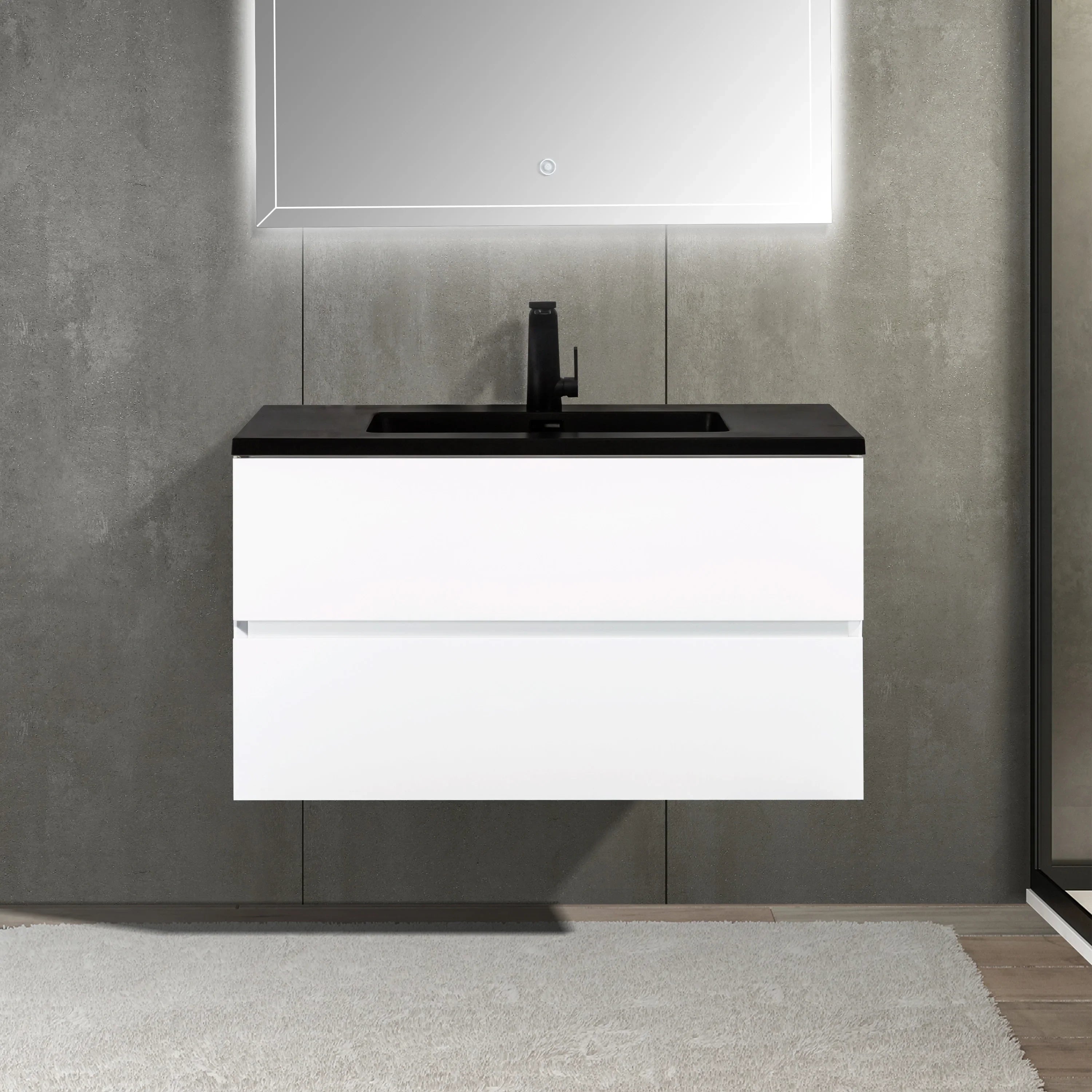 36" White Wall Mount Bathroom Vanity with Black Engineered Quartz Countertop-Migration_Bathroom Vanities-DECOROLALA