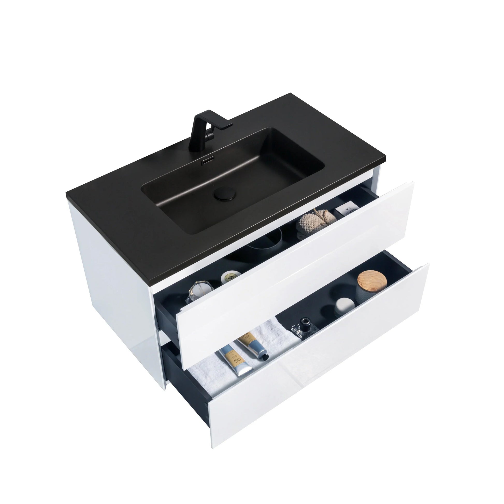 36" White Wall Mount Bathroom Vanity with Black Engineered Quartz Countertop-Migration_Bathroom Vanities-DECOROLALA