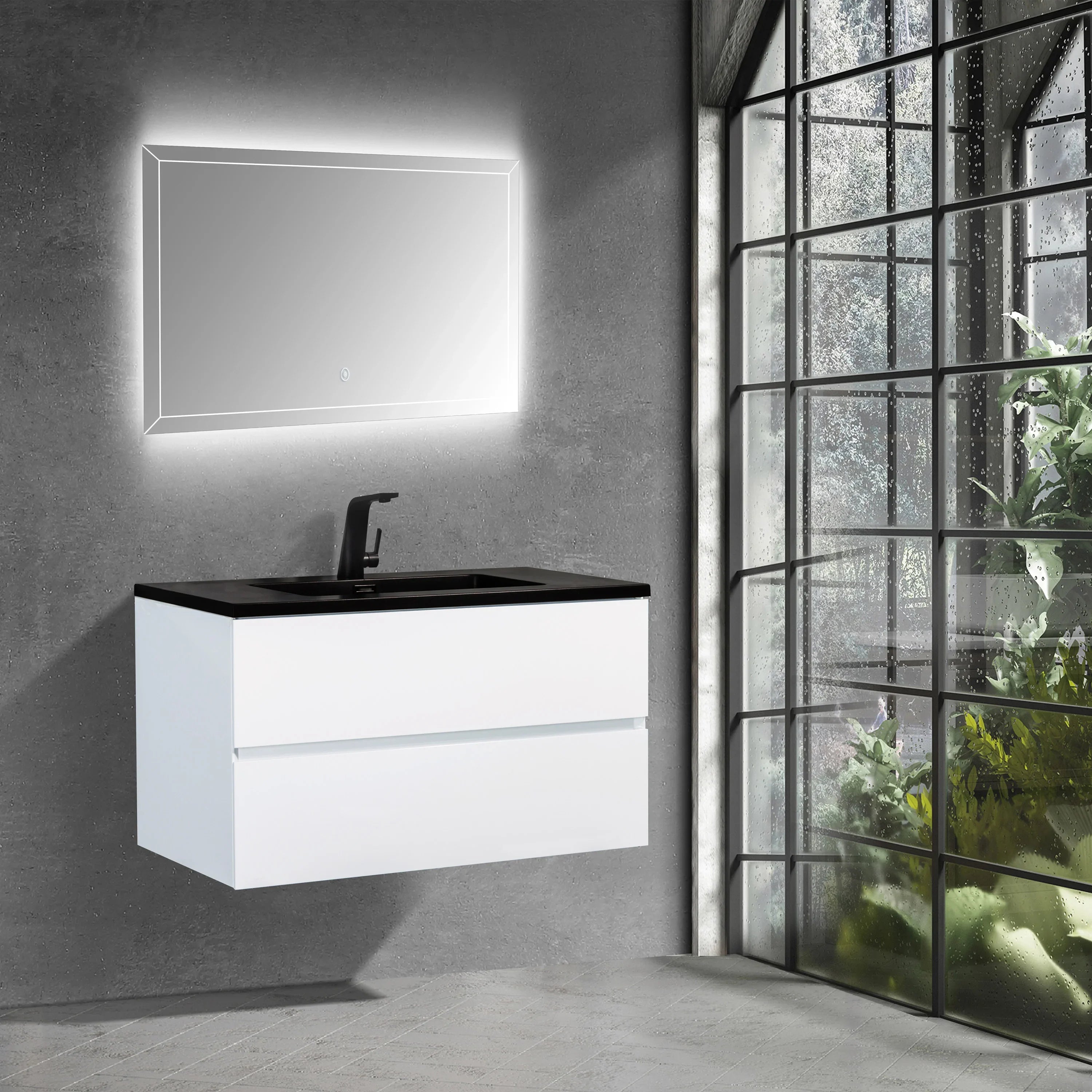 36" White Wall Mount Bathroom Vanity with Black Engineered Quartz Countertop-Migration_Bathroom Vanities-DECOROLALA