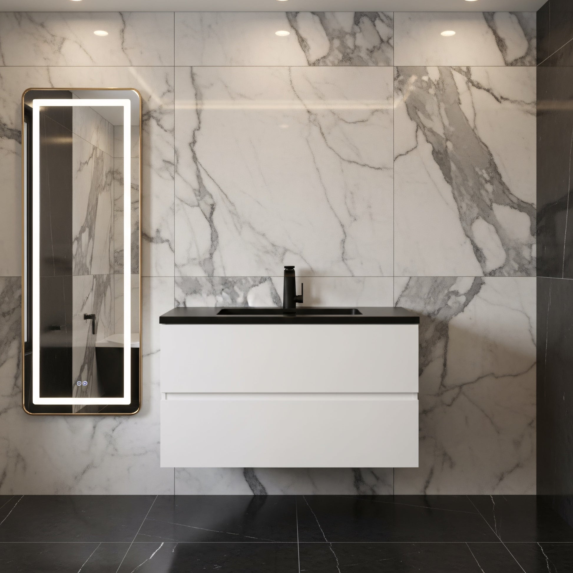 36" White Wall Mount Bathroom Vanity with Black Engineered Quartz Countertop-Migration_Bathroom Vanities-DECOROLALA