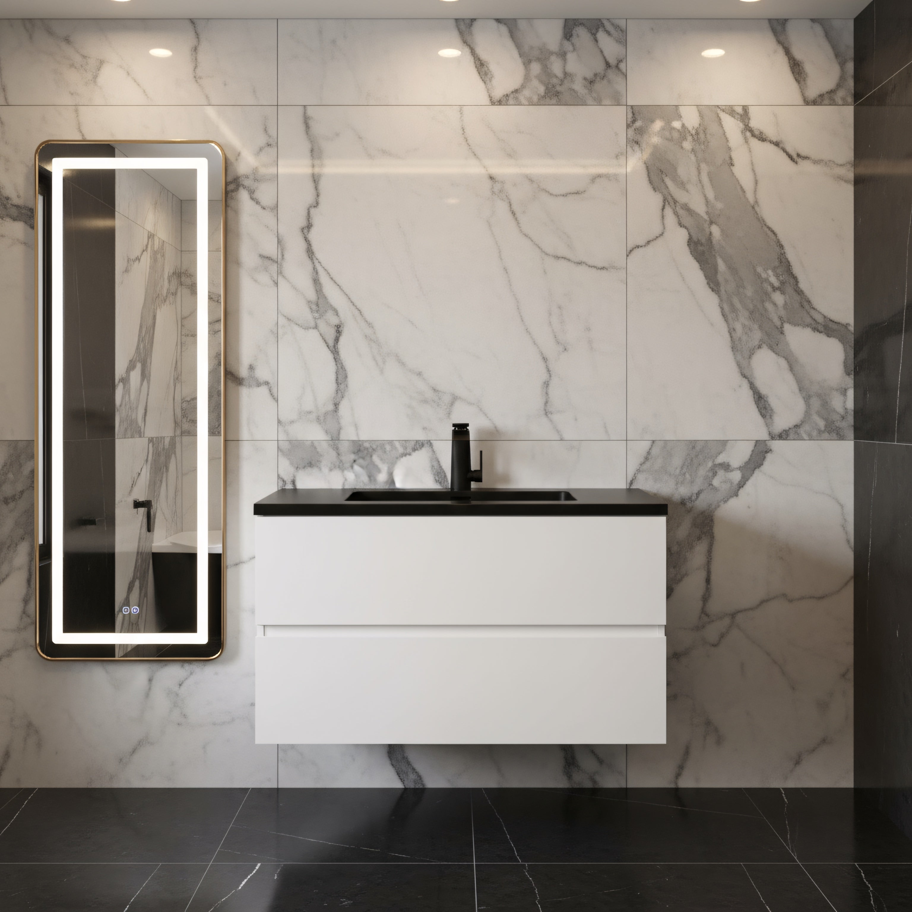 36" White Wall Mount Bathroom Vanity with Black Engineered Quartz Countertop-Migration_Bathroom Vanities-DECOROLALA