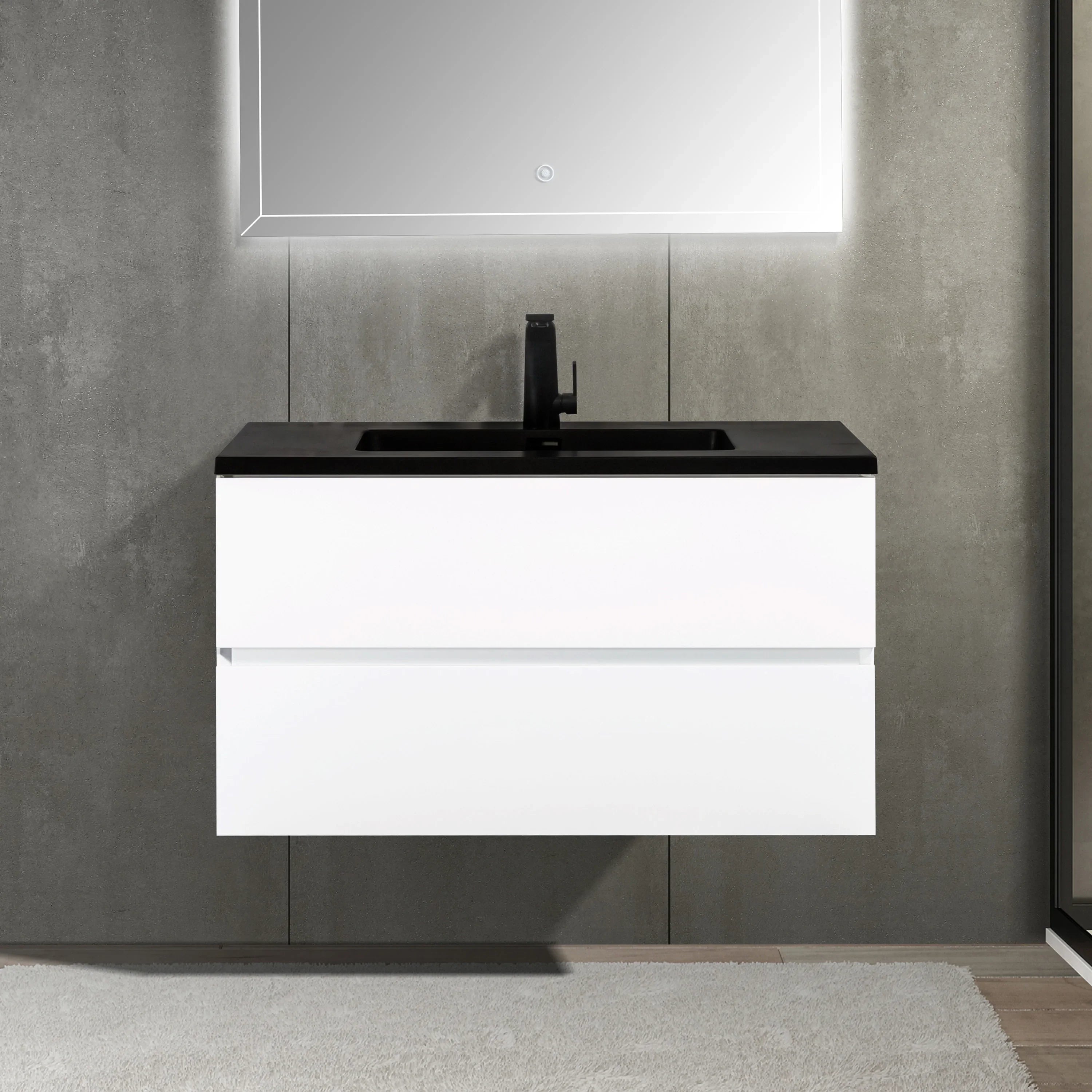 36" White Wall Mount Bathroom Vanity with Black Engineered Quartz Countertop-Migration_Bathroom Vanities-DECOROLALA