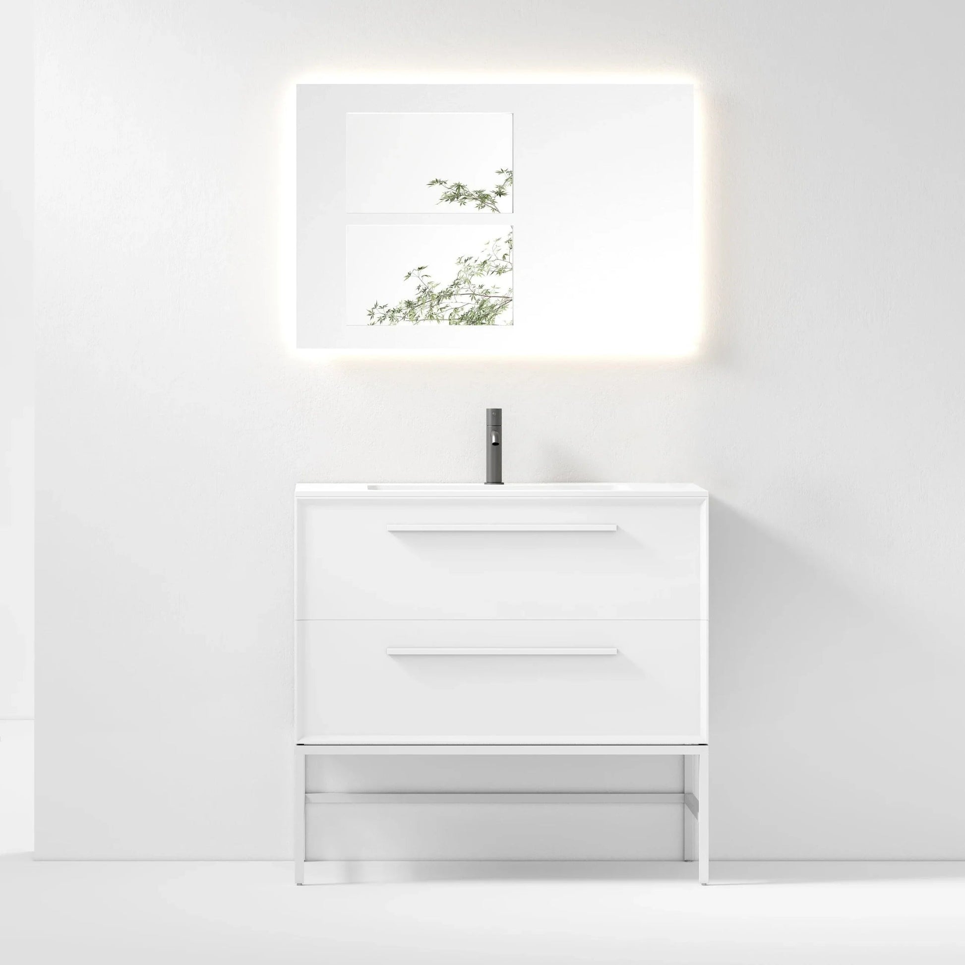 36" White Wall Mount Single Sink Bathroom Vanity with Matte White Solid Surface Countertop-Migration_Bathroom Vanities-DECOROLALA