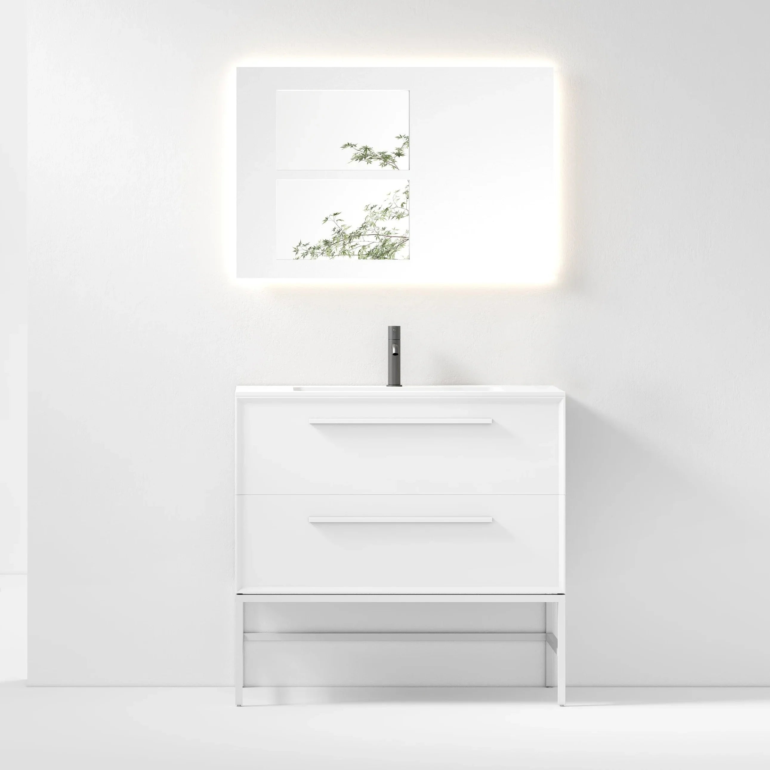 36" White Wall Mount Single Sink Bathroom Vanity with Matte White Solid Surface Countertop-Migration_Bathroom Vanities-DECOROLALA