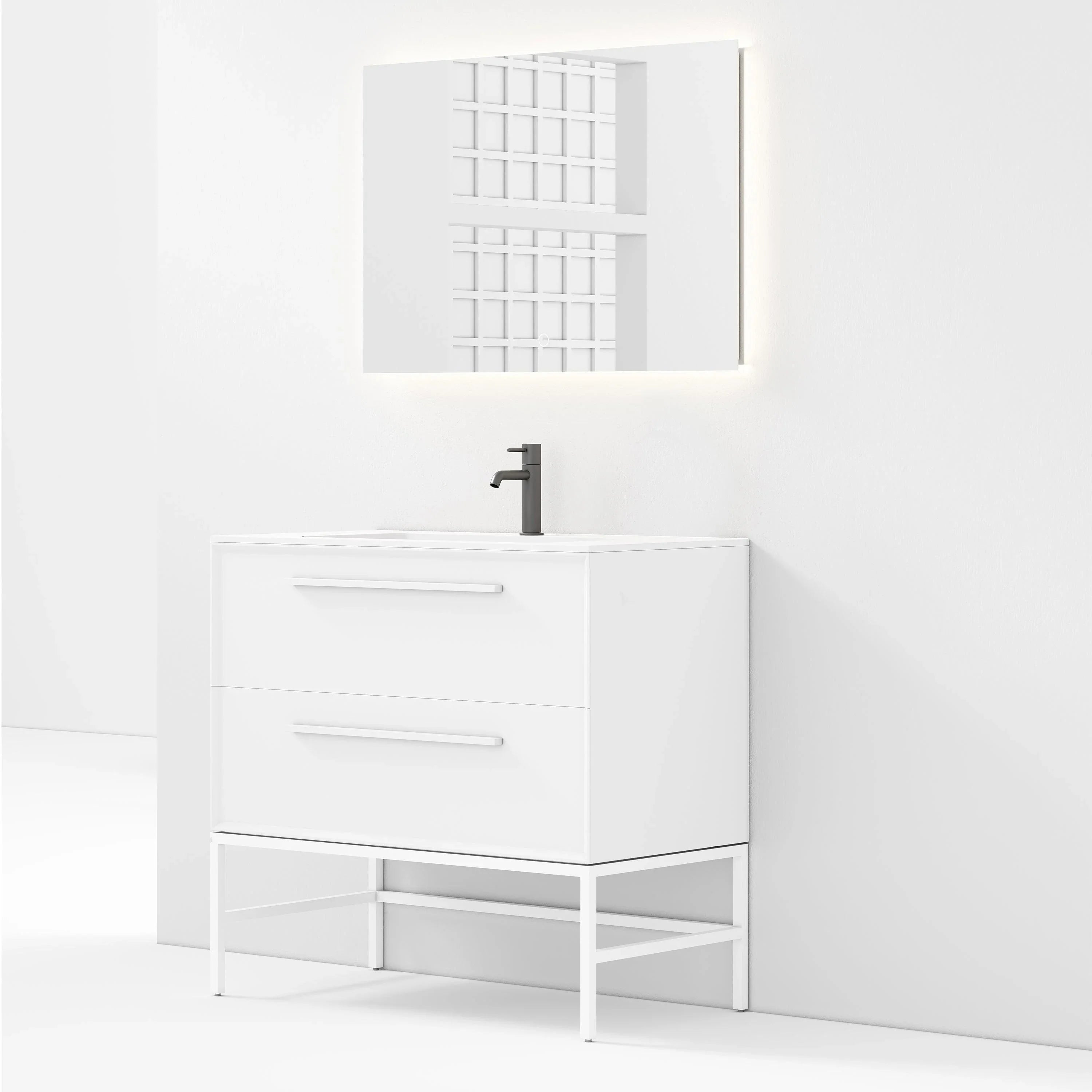 36" White Wall Mount Single Sink Bathroom Vanity with Matte White Solid Surface Countertop-Migration_Bathroom Vanities-DECOROLALA