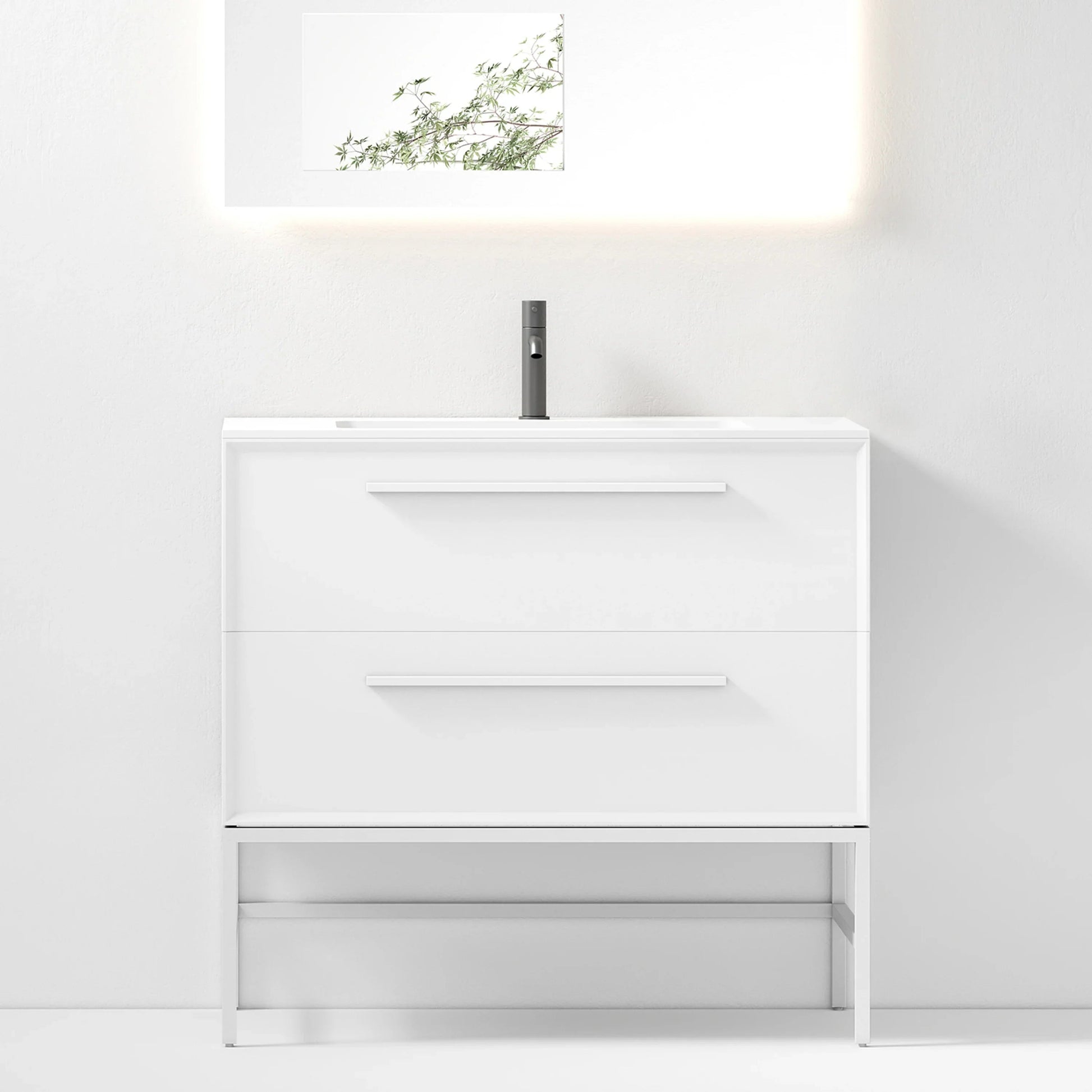 36" White Wall Mount Single Sink Bathroom Vanity with Matte White Solid Surface Countertop-Migration_Bathroom Vanities-DECOROLALA