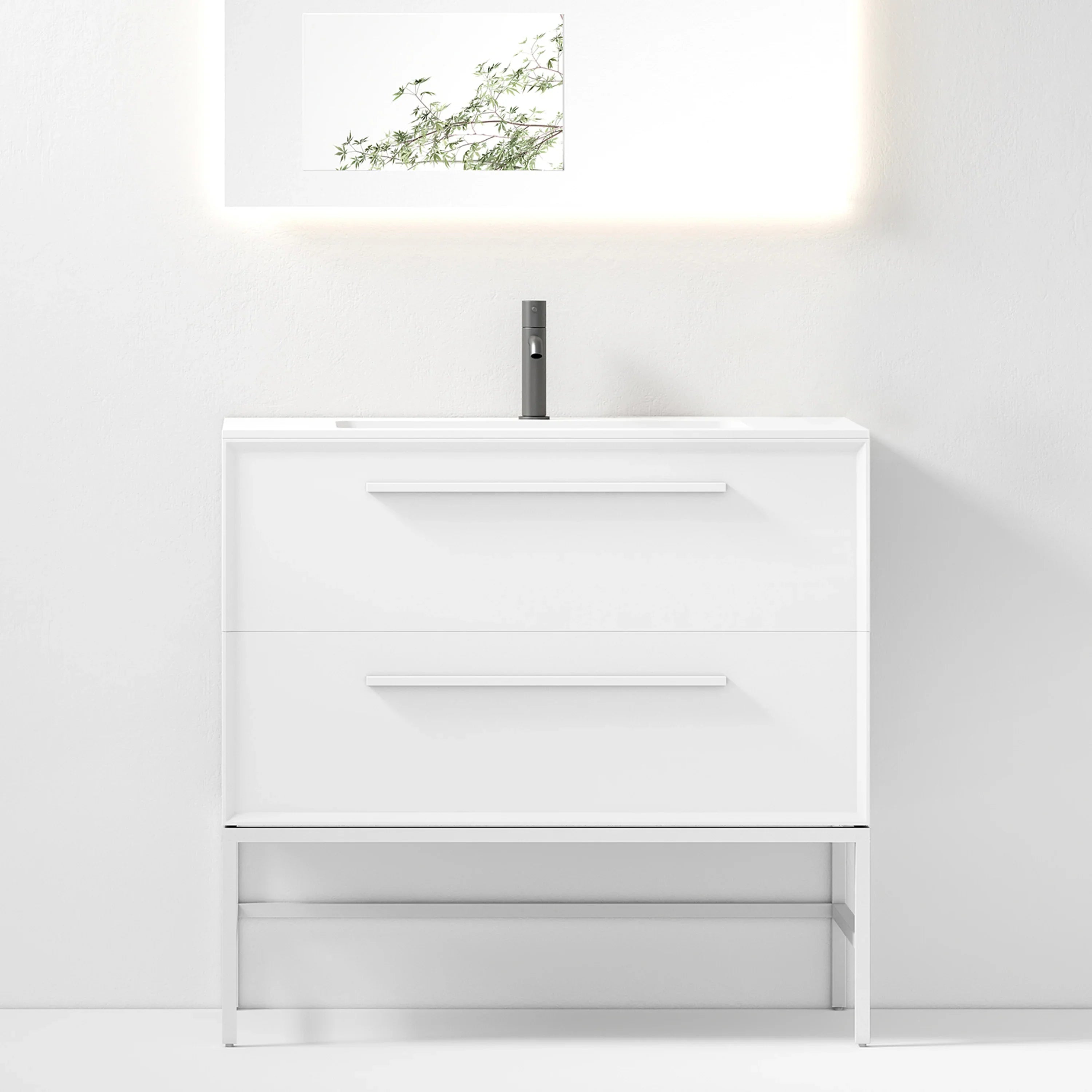 36" White Wall Mount Single Sink Bathroom Vanity with Matte White Solid Surface Countertop-Migration_Bathroom Vanities-DECOROLALA