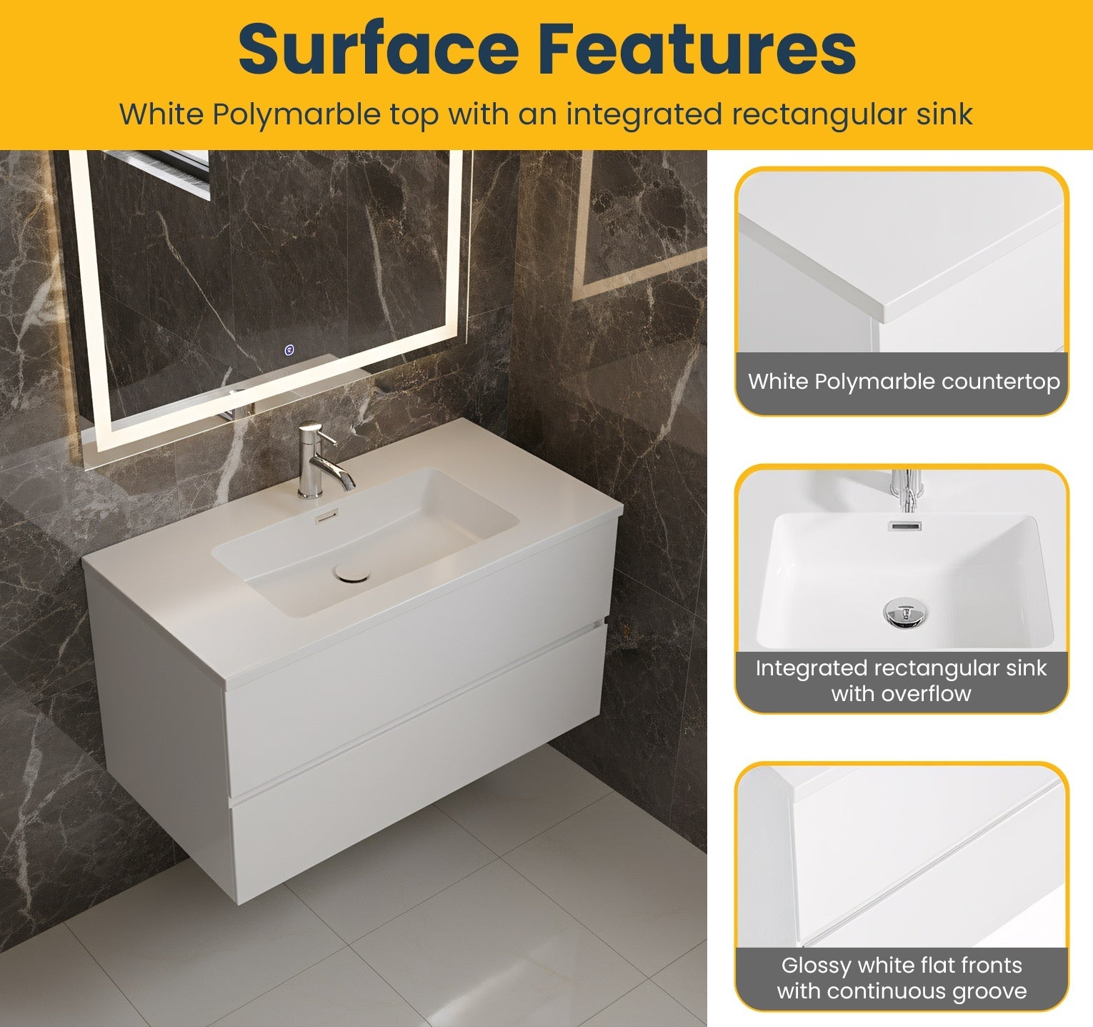 36" White Wall Mount Single Sink Bathroom Vanity with White Polymarble Countertop-Migration_Bathroom Vanities-DECOROLALA