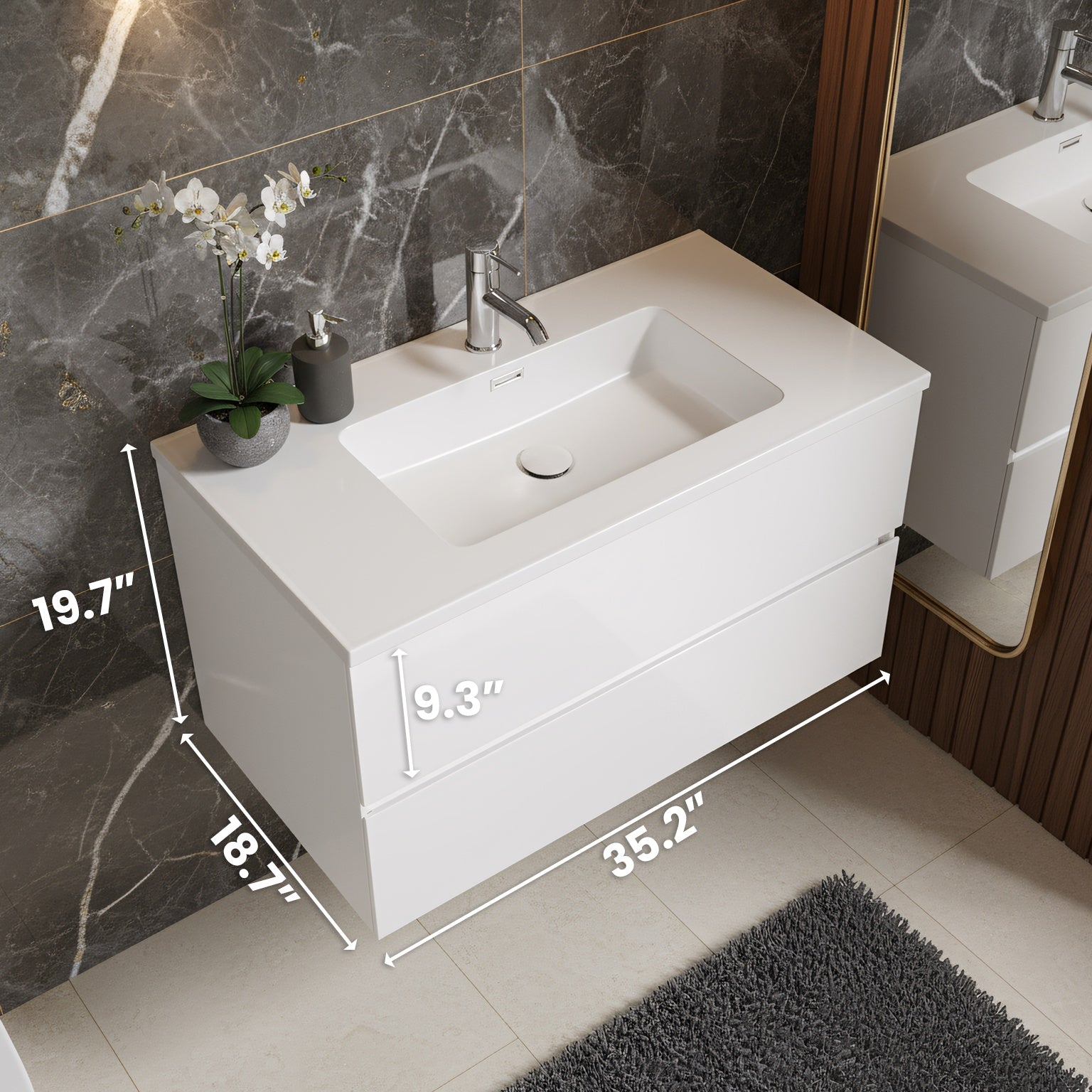 36" White Wall Mount Single Sink Bathroom Vanity with White Polymarble Countertop-Migration_Bathroom Vanities-DECOROLALA