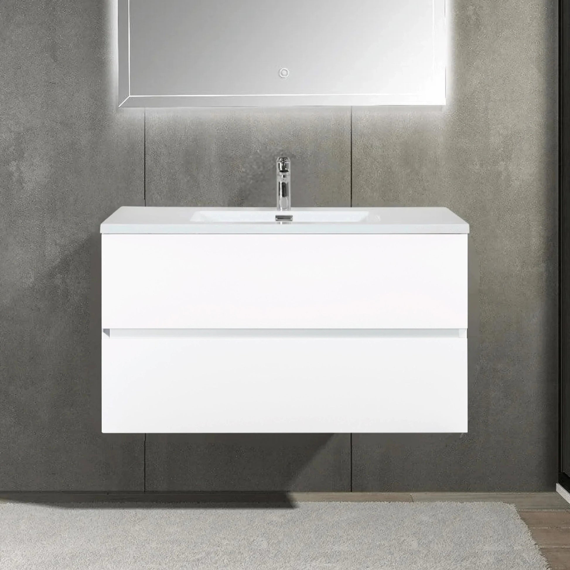 36" White Wall Mount Single Sink Bathroom Vanity with White Polymarble Countertop-Migration_Bathroom Vanities-DECOROLALA