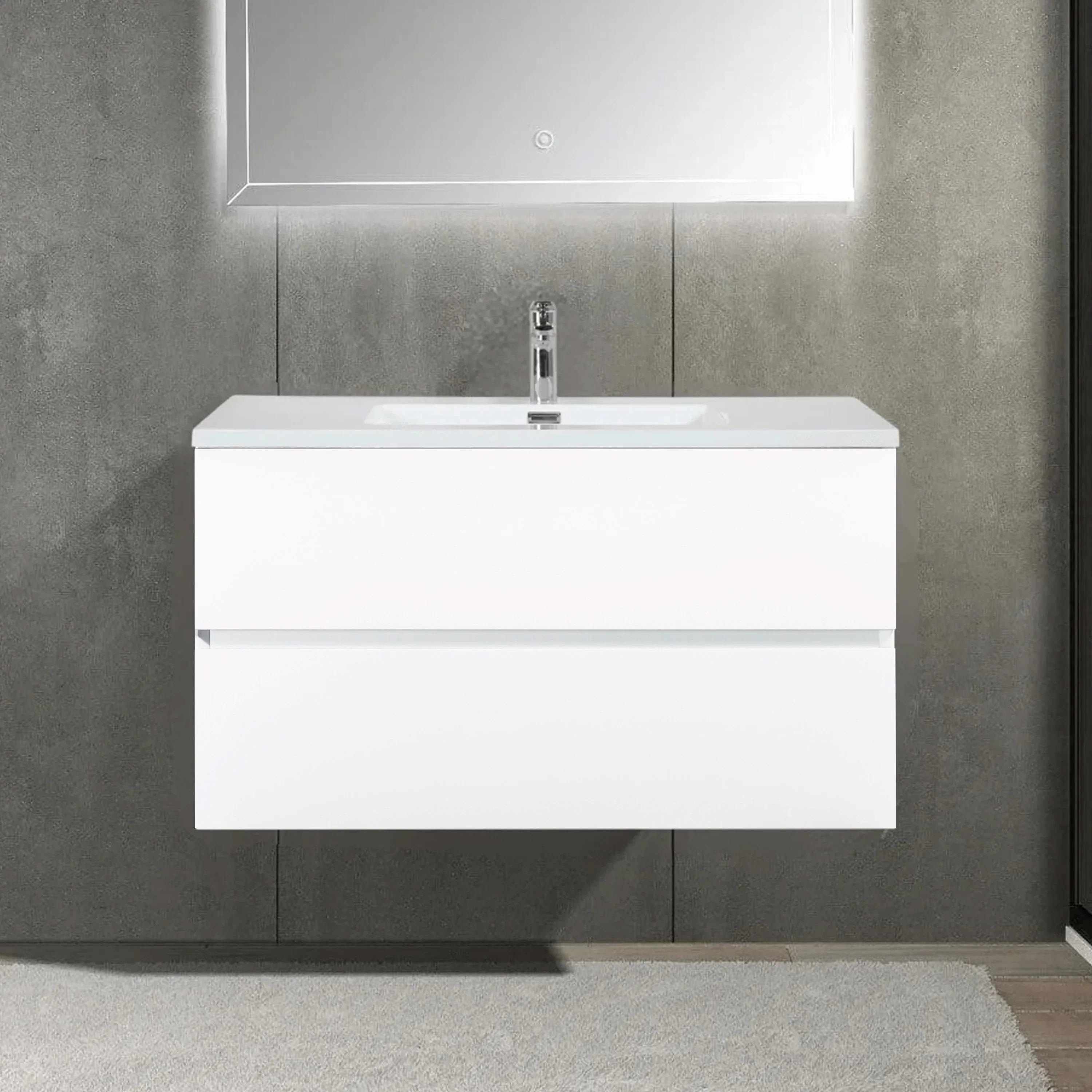 36" White Wall Mount Single Sink Bathroom Vanity with White Polymarble Countertop-Migration_Bathroom Vanities-DECOROLALA