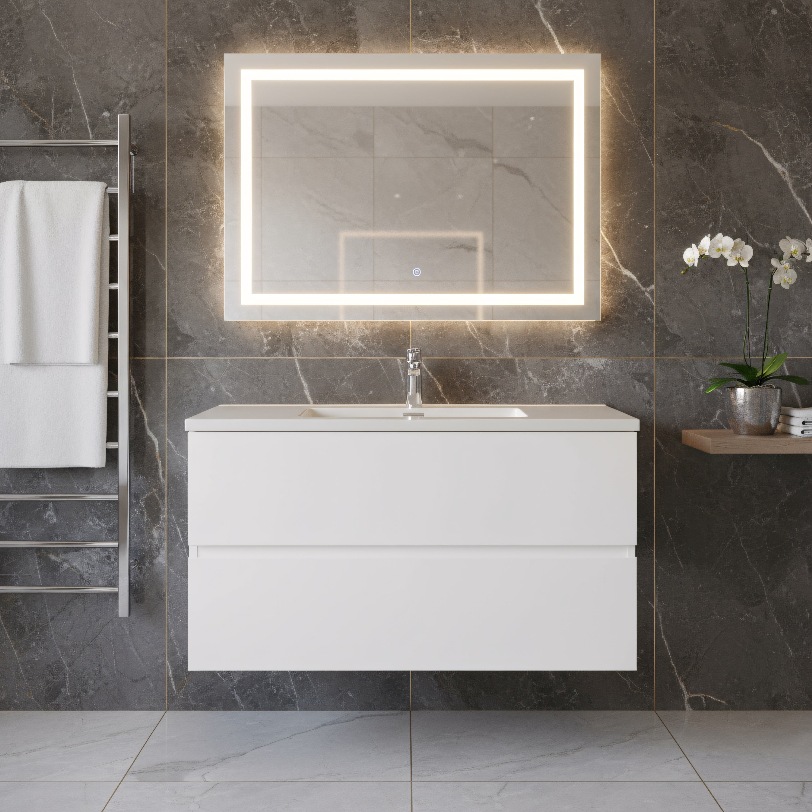 36" White Wall Mount Single Sink Bathroom Vanity with White Polymarble Countertop-Migration_Bathroom Vanities-DECOROLALA