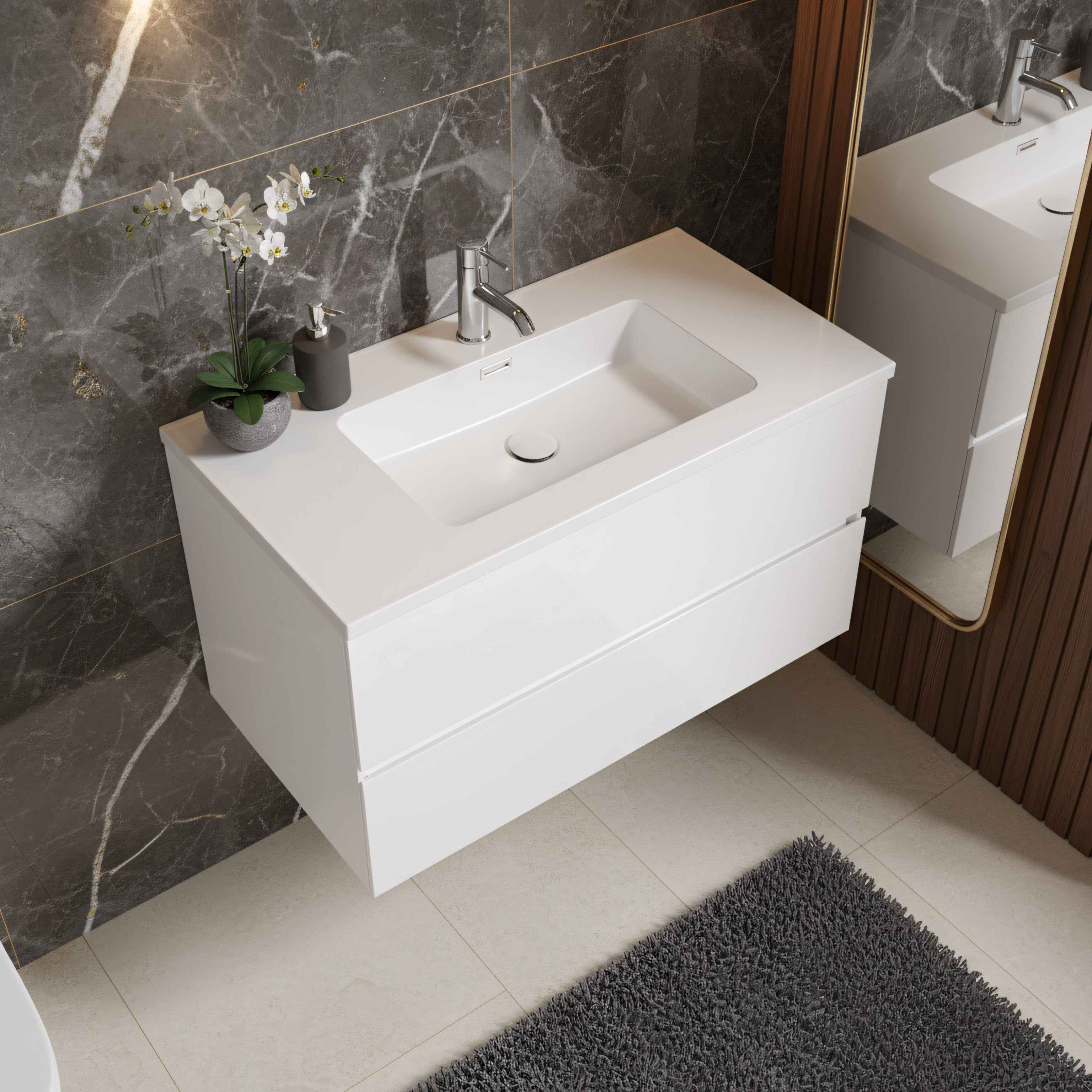 36" White Wall Mount Single Sink Bathroom Vanity with White Polymarble Countertop-Migration_Bathroom Vanities-DECOROLALA