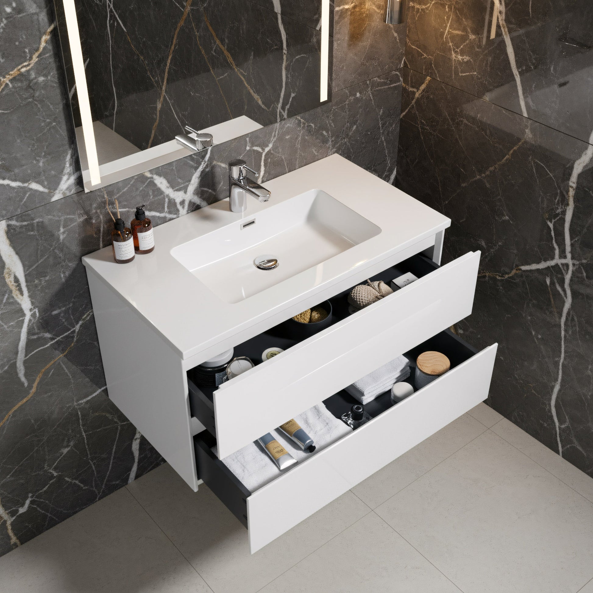 36" White Wall Mount Single Sink Bathroom Vanity with White Polymarble Countertop-Migration_Bathroom Vanities-DECOROLALA