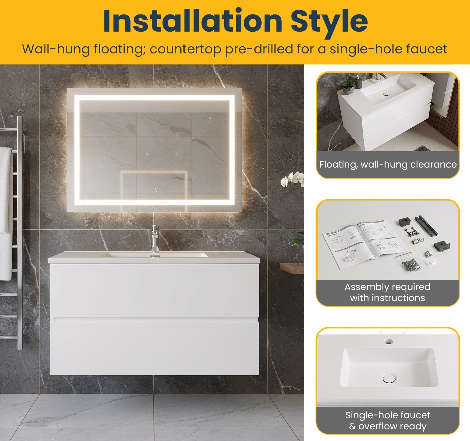 36" White Wall Mount Single Sink Bathroom Vanity with White Polymarble Countertop-Migration_Bathroom Vanities-DECOROLALA