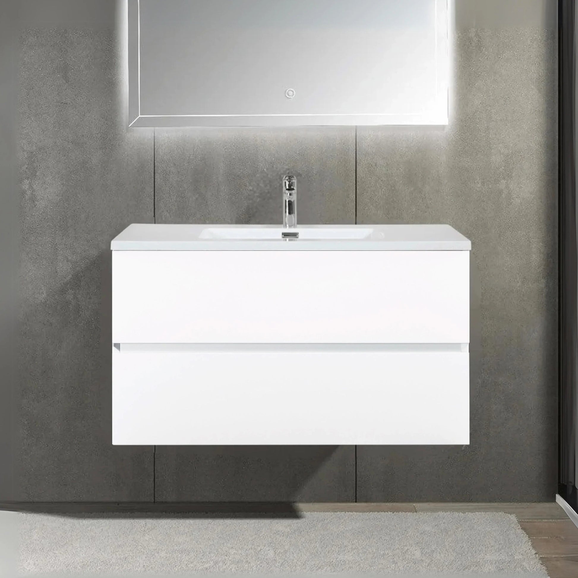 36" White Wall Mount Single Sink Bathroom Vanity with White Polymarble Countertop-Migration_Bathroom Vanities-DECOROLALA