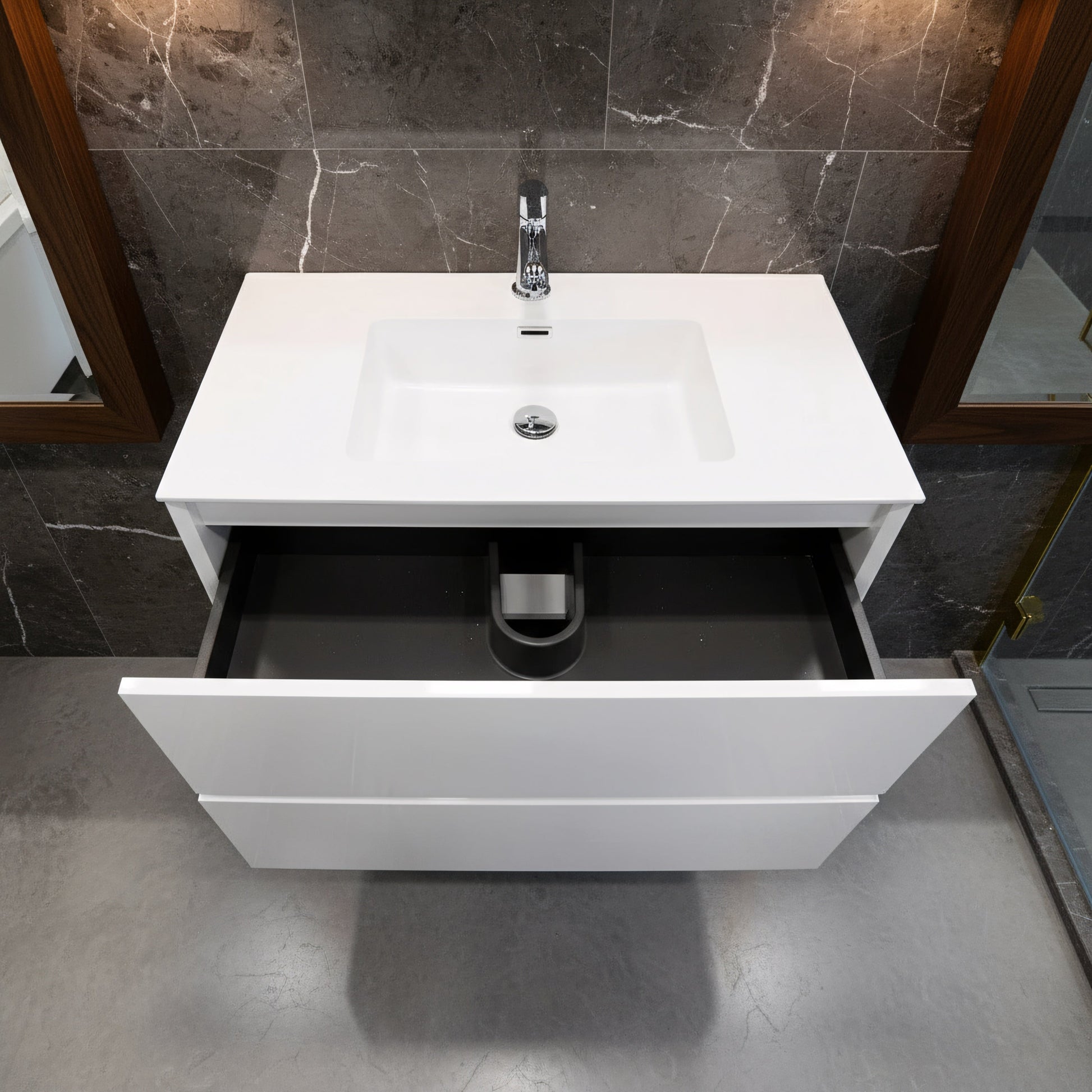 36" White Wall Mount Vanity with White Polymarble Countertop-Migration_Bathroom Vanities-DECOROLALA