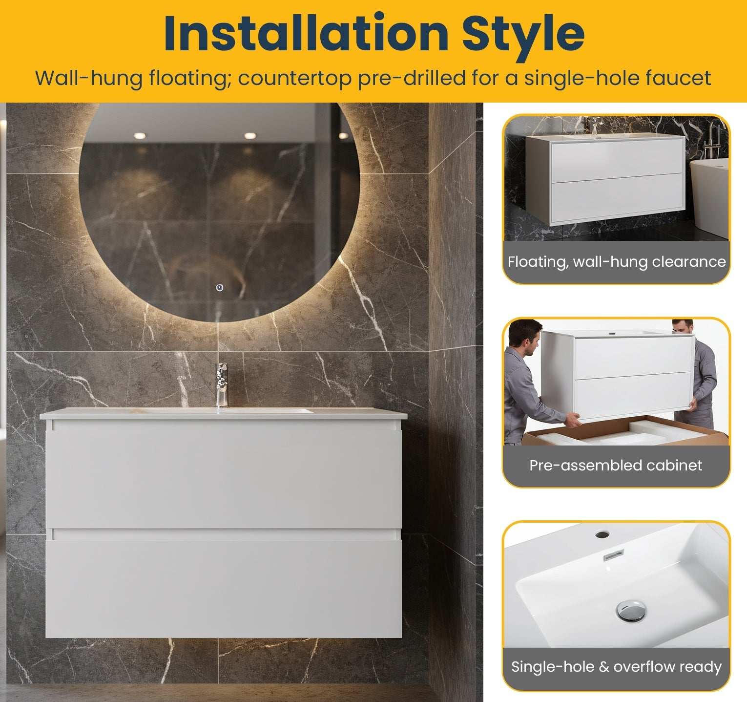 36" White Wall Mount Vanity with White Polymarble Countertop-Migration_Bathroom Vanities-DECOROLALA