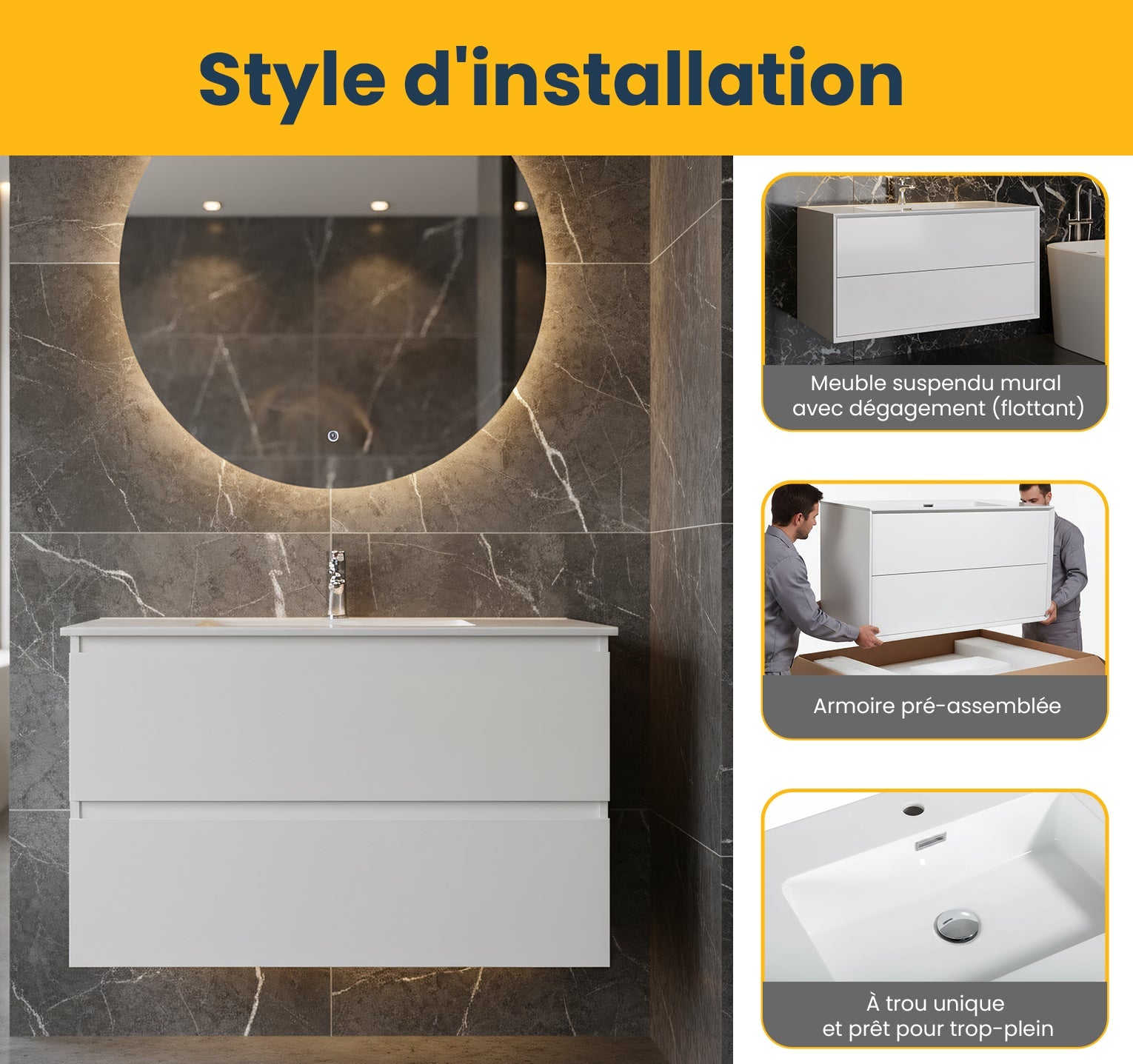 36" White Wall Mount Vanity with White Polymarble Countertop-Migration_Bathroom Vanities-DECOROLALA