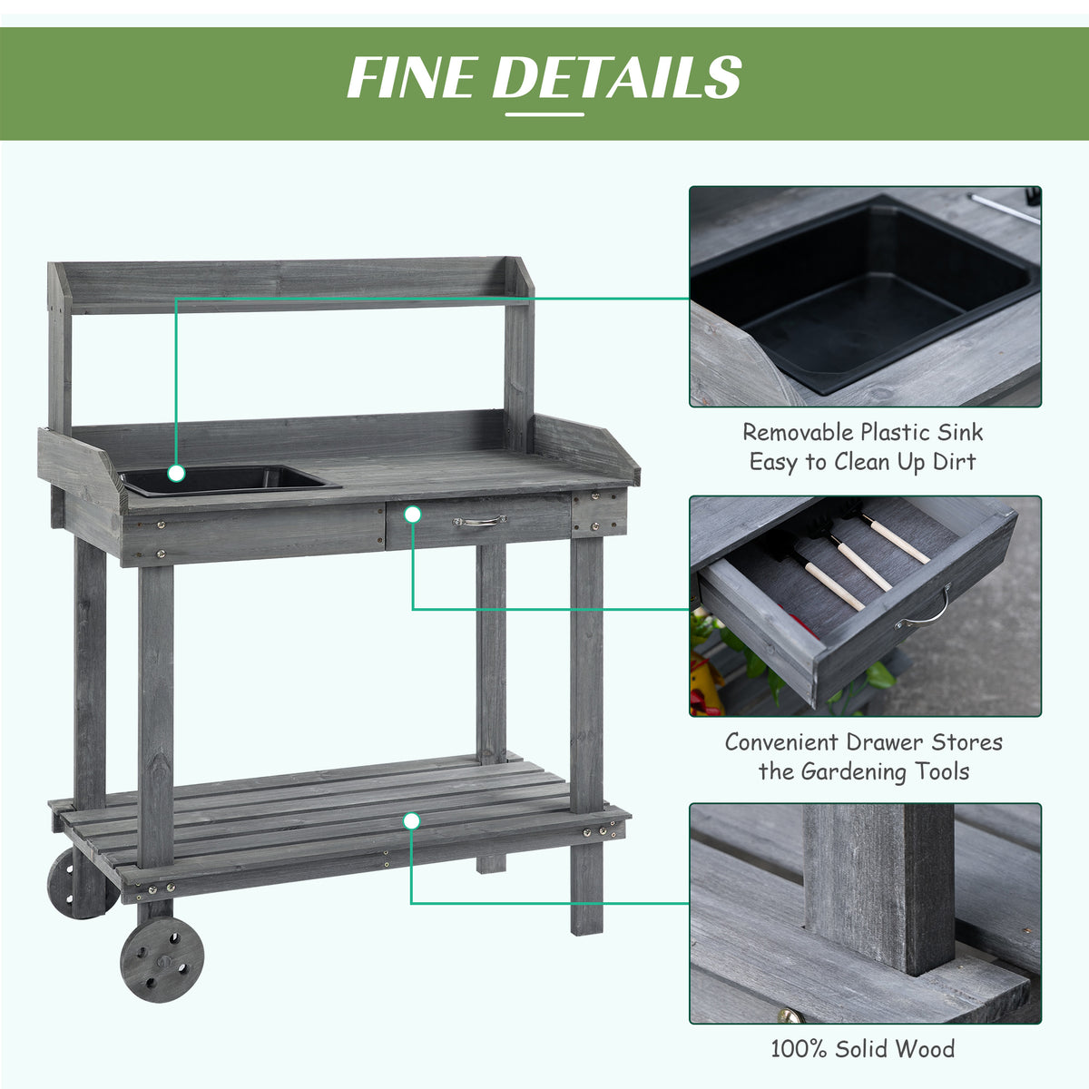 36" Wooden Potting Bench with Wheels, Sink & Drawer - Gray-Patio & Garden > Lawn & Garden > Garden Accessories > Potting Benches & Tables-DECOROLALA