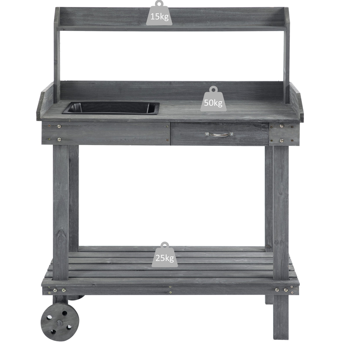 36" Wooden Potting Bench with Wheels, Sink & Drawer - Gray-Patio & Garden > Lawn & Garden > Garden Accessories > Potting Benches & Tables-DECOROLALA
