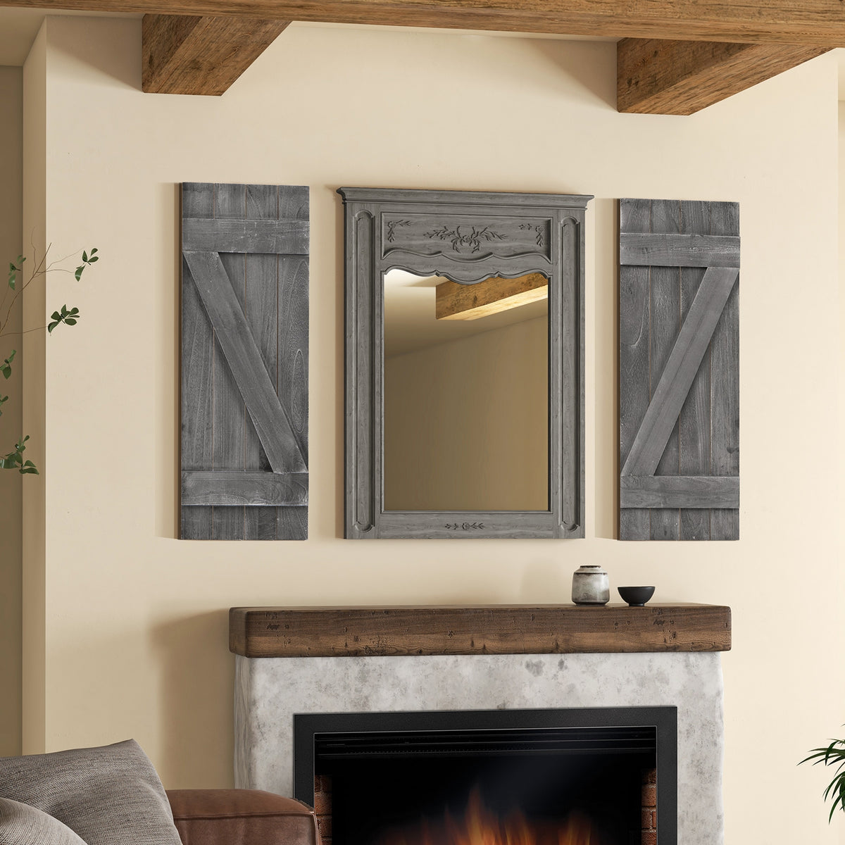 36 x 13 Inch Farmhouse Paulownia Wood Window Shutters Set of 2 for Windows-Dark Gray-Wall Decor-DECOROLALA