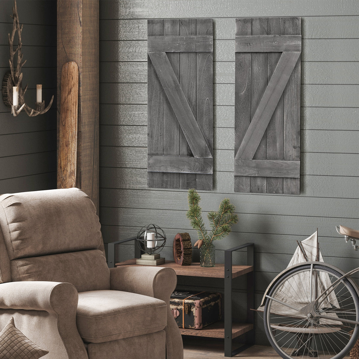 36 x 13 Inch Farmhouse Paulownia Wood Window Shutters Set of 2 for Windows-Dark Gray-Wall Decor-DECOROLALA