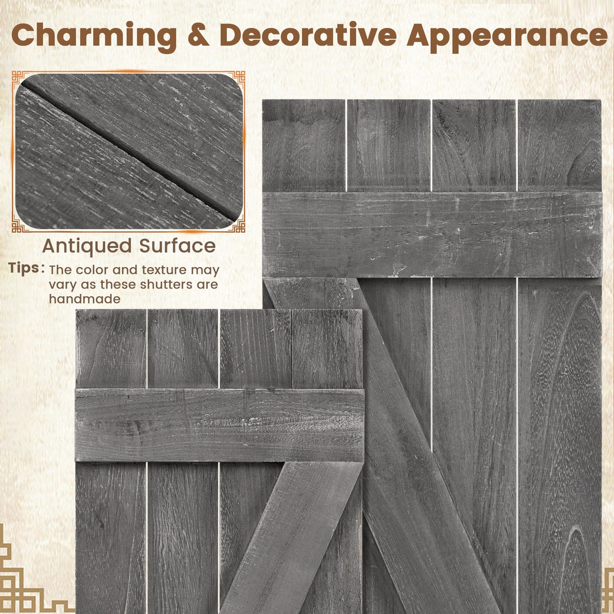 36 x 13 Inch Farmhouse Paulownia Wood Window Shutters Set of 2 for Windows-Dark Gray-Wall Decor-DECOROLALA