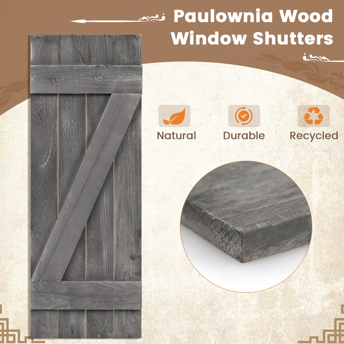 36 x 13 Inch Farmhouse Paulownia Wood Window Shutters Set of 2 for Windows-Dark Gray-Wall Decor-DECOROLALA