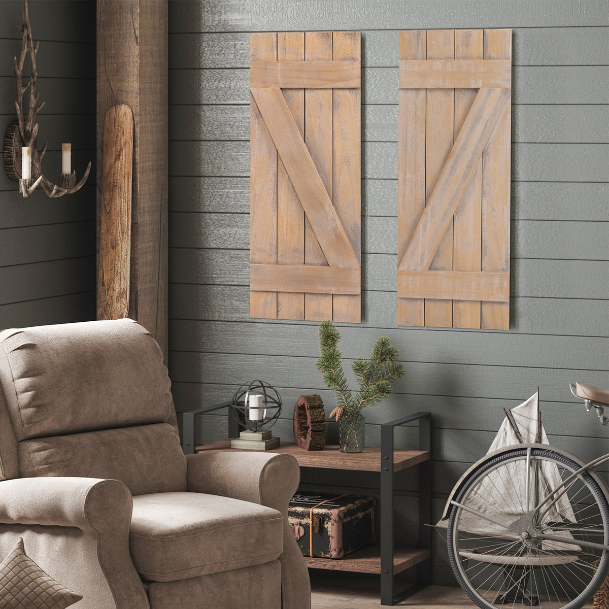 36 x 13 Inch Farmhouse Paulownia Wood Window Shutters Set of 2 for Windows-Light Brown-Wall Decor-DECOROLALA