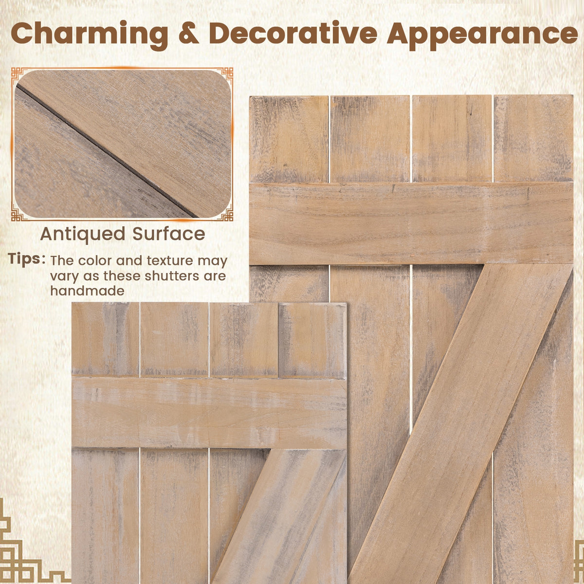 36 x 13 Inch Farmhouse Paulownia Wood Window Shutters Set of 2 for Windows-Light Brown-Wall Decor-DECOROLALA