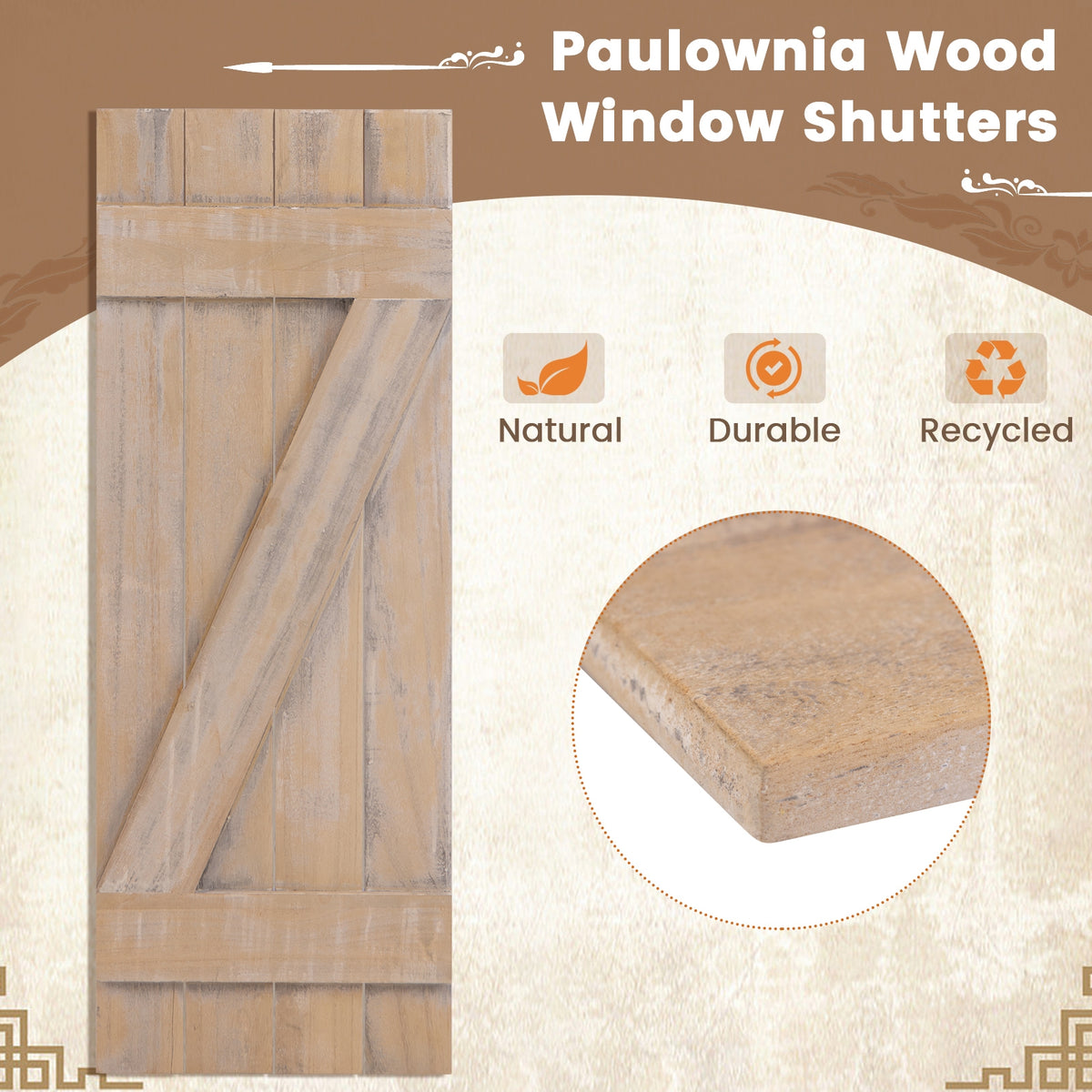 36 x 13 Inch Farmhouse Paulownia Wood Window Shutters Set of 2 for Windows-Light Brown-Wall Decor-DECOROLALA