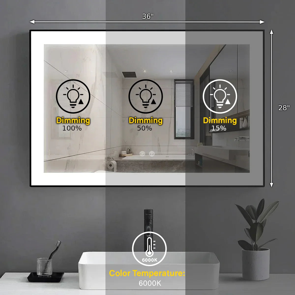 36" x 28" LED Bathroom Mirror with Matte Black Aluminum Frame - Hardwired Anti-Fog Smart Mirror with Frosted Edge Glow, Dimming Control & 6000K Backlit Lighting-Migration_Mirrors-DECOROLALA