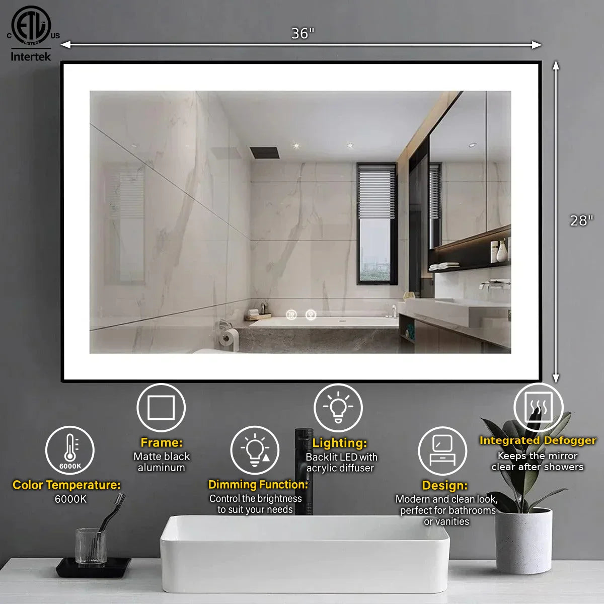 36" x 28" LED Bathroom Mirror with Matte Black Aluminum Frame - Hardwired Anti-Fog Smart Mirror with Frosted Edge Glow, Dimming Control & 6000K Backlit Lighting-Migration_Mirrors-DECOROLALA