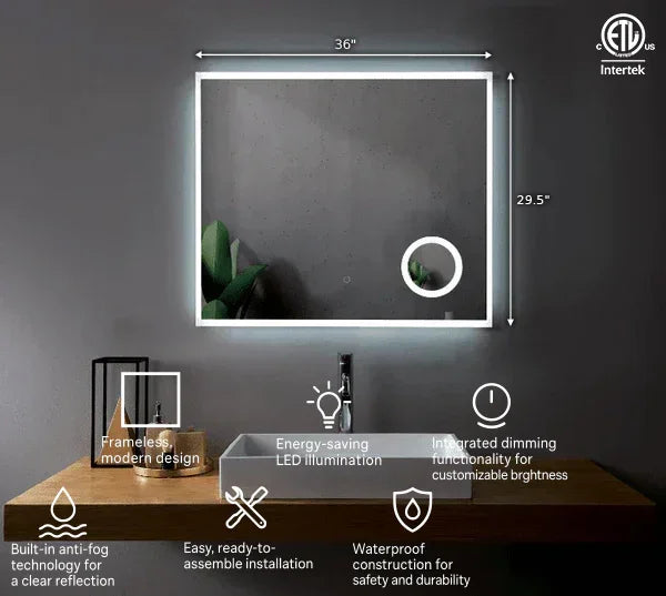 36" × 29.5" Frameless LED Bathroom Mirror with 3X Magnifying Mirror-Migration_Mirrors-DECOROLALA