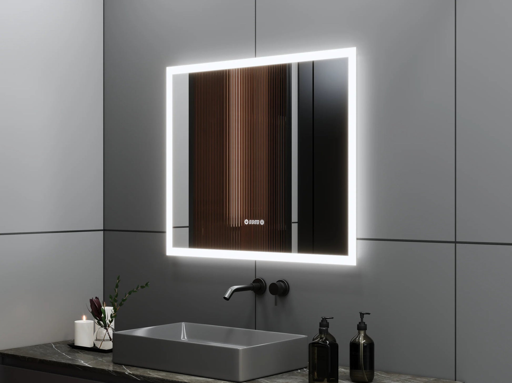 36" x 30" Smart LED Bathroom Mirror with Digital Time & Temperature Display - Professional Anti-Fog Mirror with Dual Color Temperature (3000K/6000K), Touch Dimming Control & 5mm Copper-Free Silver Glass-Migration_Mirrors-DECOROLALA
