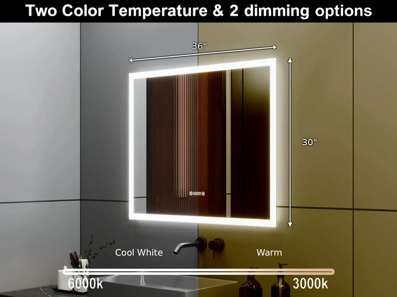 36" x 30" Smart LED Bathroom Mirror with Digital Time & Temperature Display - Professional Anti-Fog Mirror with Dual Color Temperature (3000K/6000K), Touch Dimming Control & 5mm Copper-Free Silver Glass-Migration_Mirrors-DECOROLALA