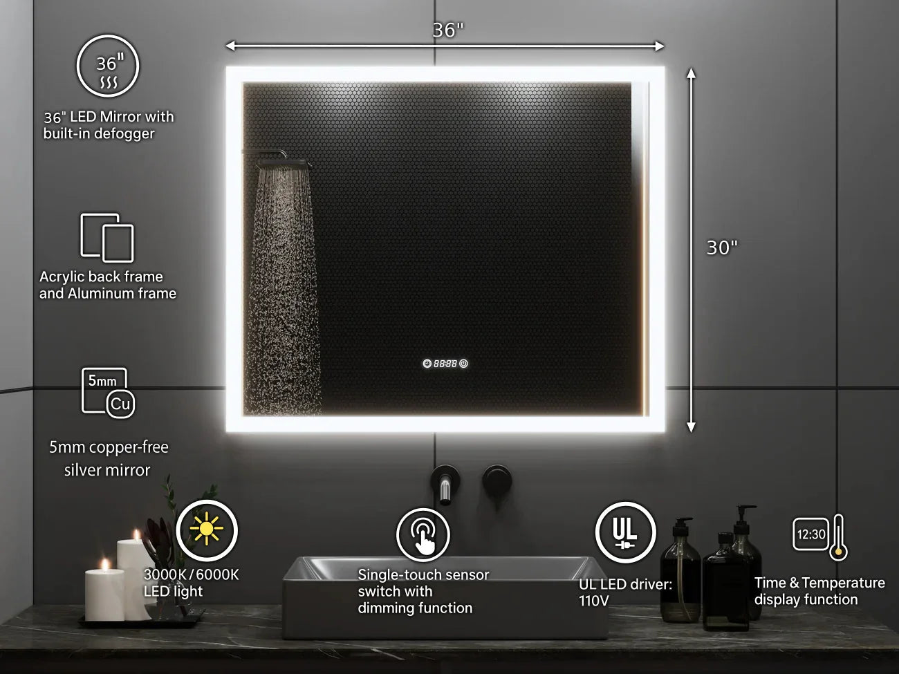 36" x 30" Smart LED Bathroom Mirror with Digital Time & Temperature Display - Professional Anti-Fog Mirror with Dual Color Temperature (3000K/6000K), Touch Dimming Control & 5mm Copper-Free Silver Glass-Migration_Mirrors-DECOROLALA