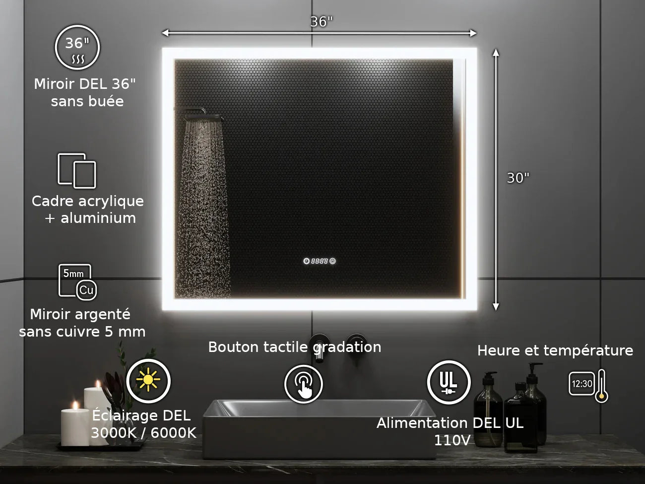 36" x 30" Smart LED Bathroom Mirror with Digital Time & Temperature Display - Professional Anti-Fog Mirror with Dual Color Temperature (3000K/6000K), Touch Dimming Control & 5mm Copper-Free Silver Glass-Migration_Mirrors-DECOROLALA