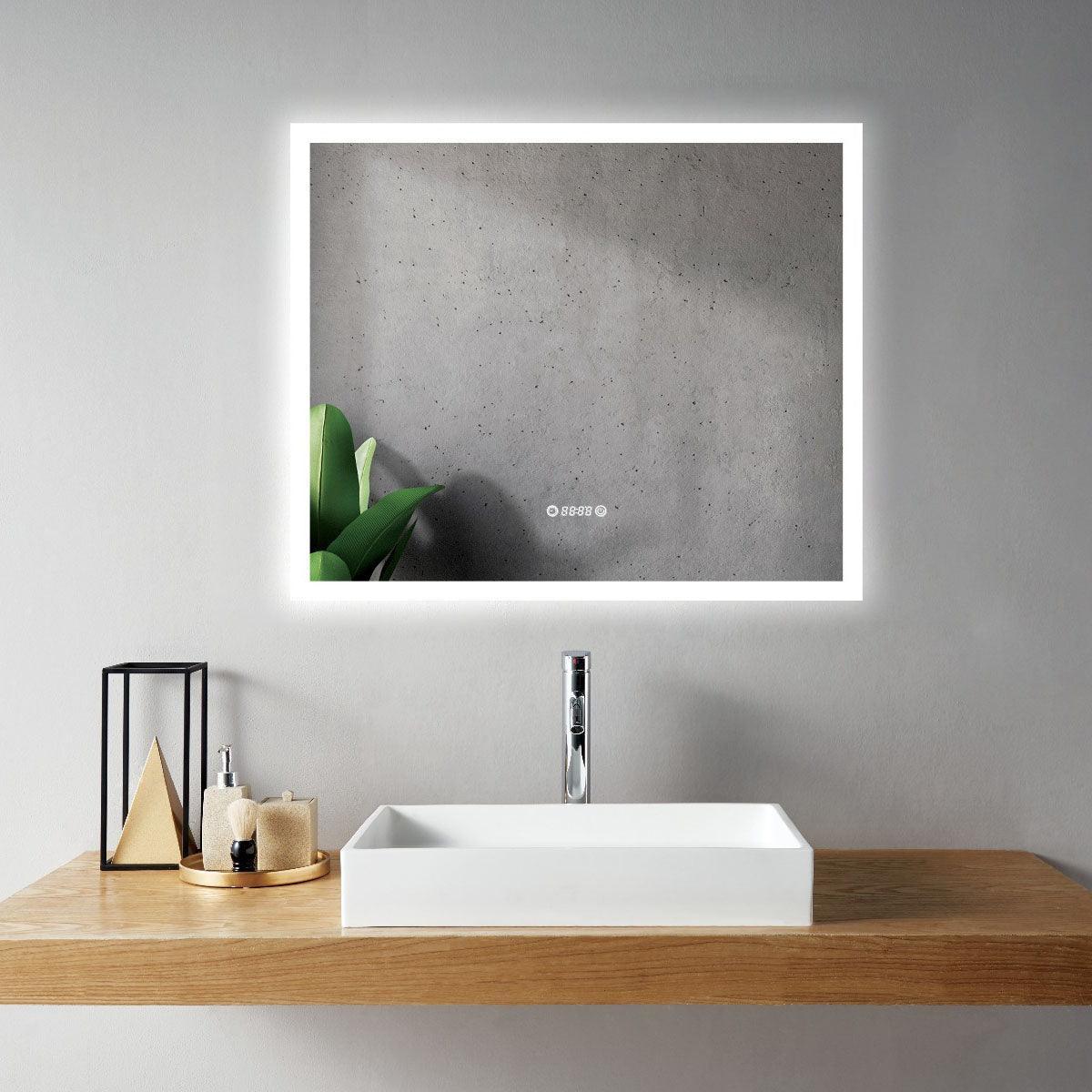 36" x 30" Smart LED Bathroom Mirror with Digital Time & Temperature Display - Professional Anti-Fog Mirror with Dual Color Temperature (3000K/6000K), Touch Dimming Control & 5mm Copper-Free Silver Glass-Migration_Mirrors-DECOROLALA