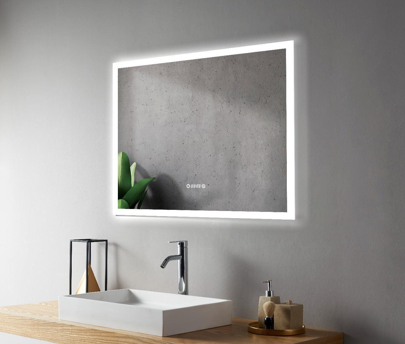 36" x 30" Smart LED Bathroom Mirror with Digital Time & Temperature Display - Professional Anti-Fog Mirror with Dual Color Temperature (3000K/6000K), Touch Dimming Control & 5mm Copper-Free Silver Glass-Migration_Mirrors-DECOROLALA