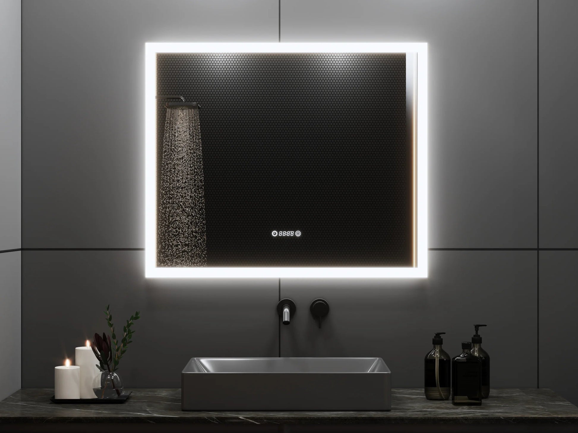 36" x 30" Smart LED Bathroom Mirror with Digital Time & Temperature Display - Professional Anti-Fog Mirror with Dual Color Temperature (3000K/6000K), Touch Dimming Control & 5mm Copper-Free Silver Glass-Migration_Mirrors-DECOROLALA