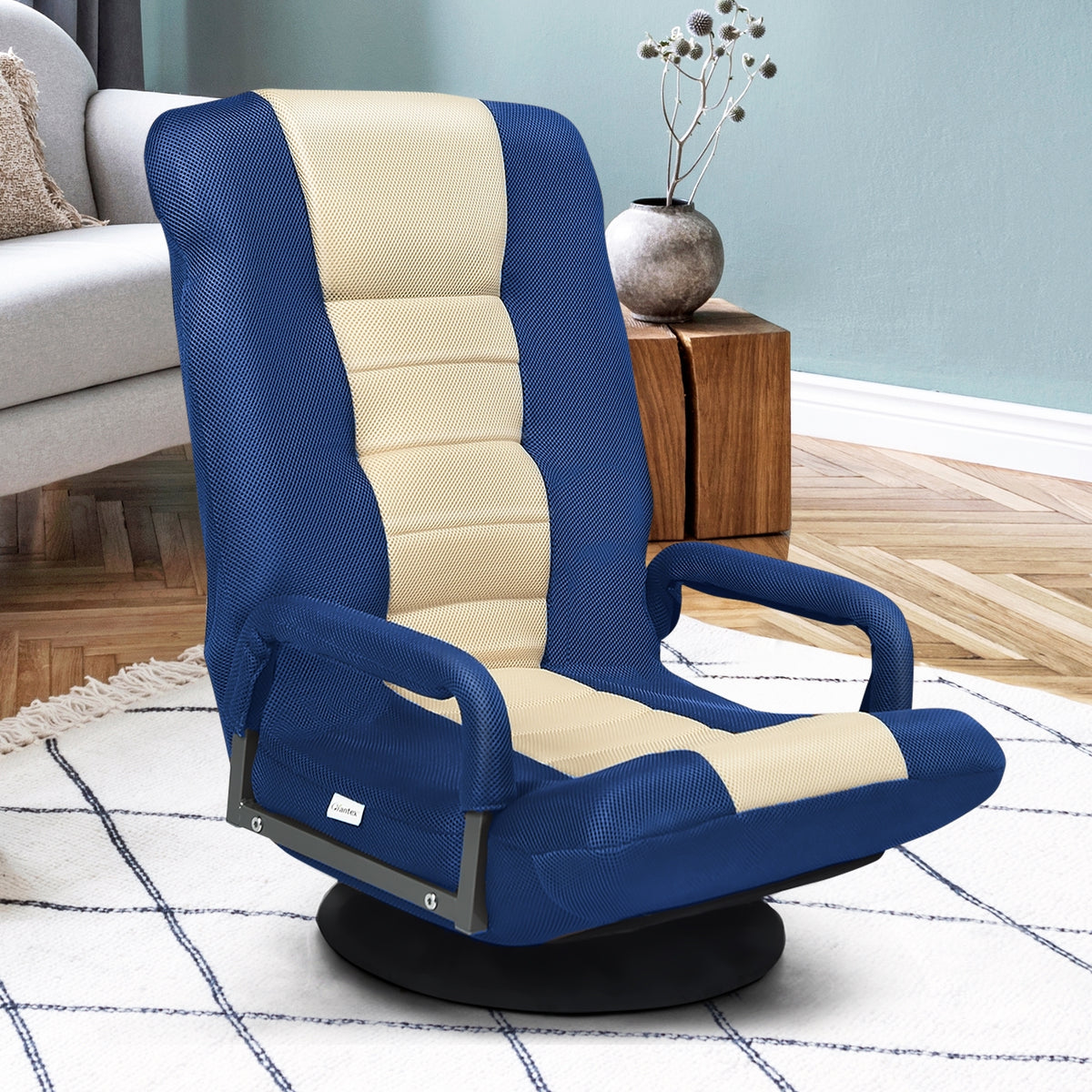 360-Degree Swivel Gaming Floor Chair with Foldable Adjustable Backrest-Blue-Floor Chairs-DECOROLALA
